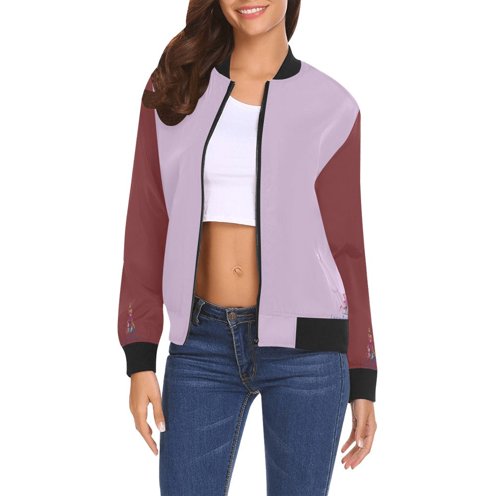 Women’s Amaryllis Color Blocks bomber jacket with pastel purple and maroon panels, black ribbed collar, cuffs, and hem, zip-up front.