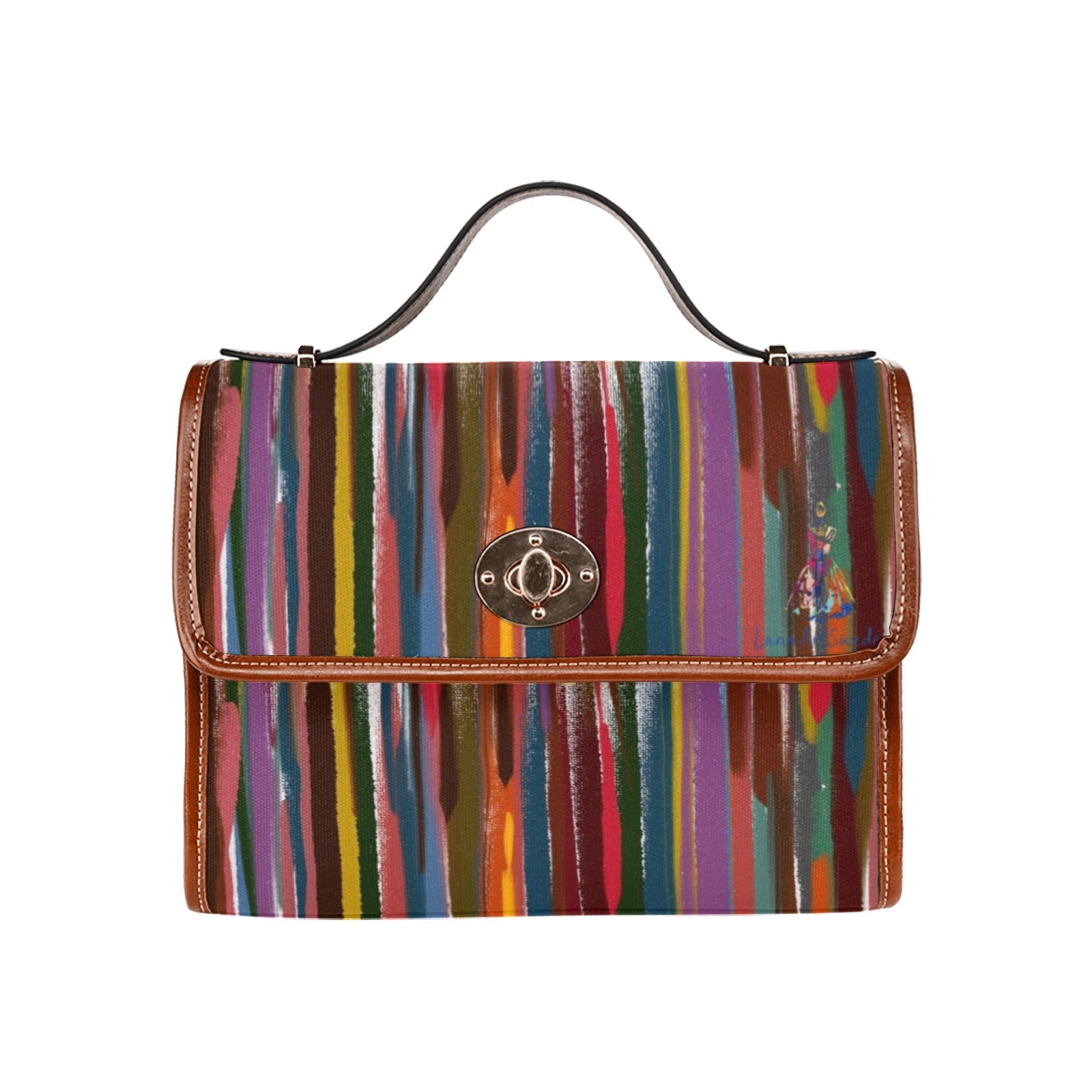 Power Stripes Waterproof canvas shoulder bag with adjustable brown straps and colorful vertical stripes design