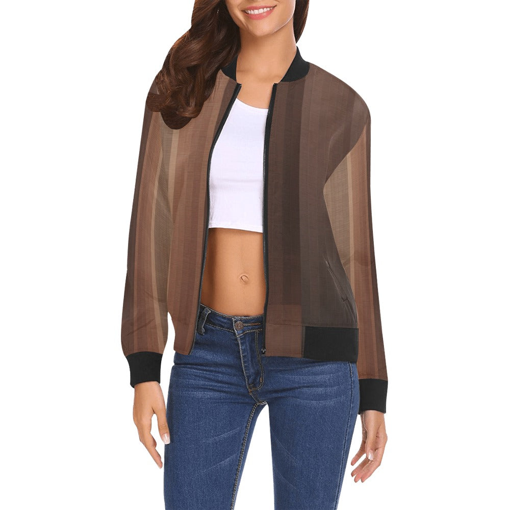 Woman wearing brown sophistication city bomber jacket with ribbed collar, cuffs, and hem paired with a white crop top and blue jeans
