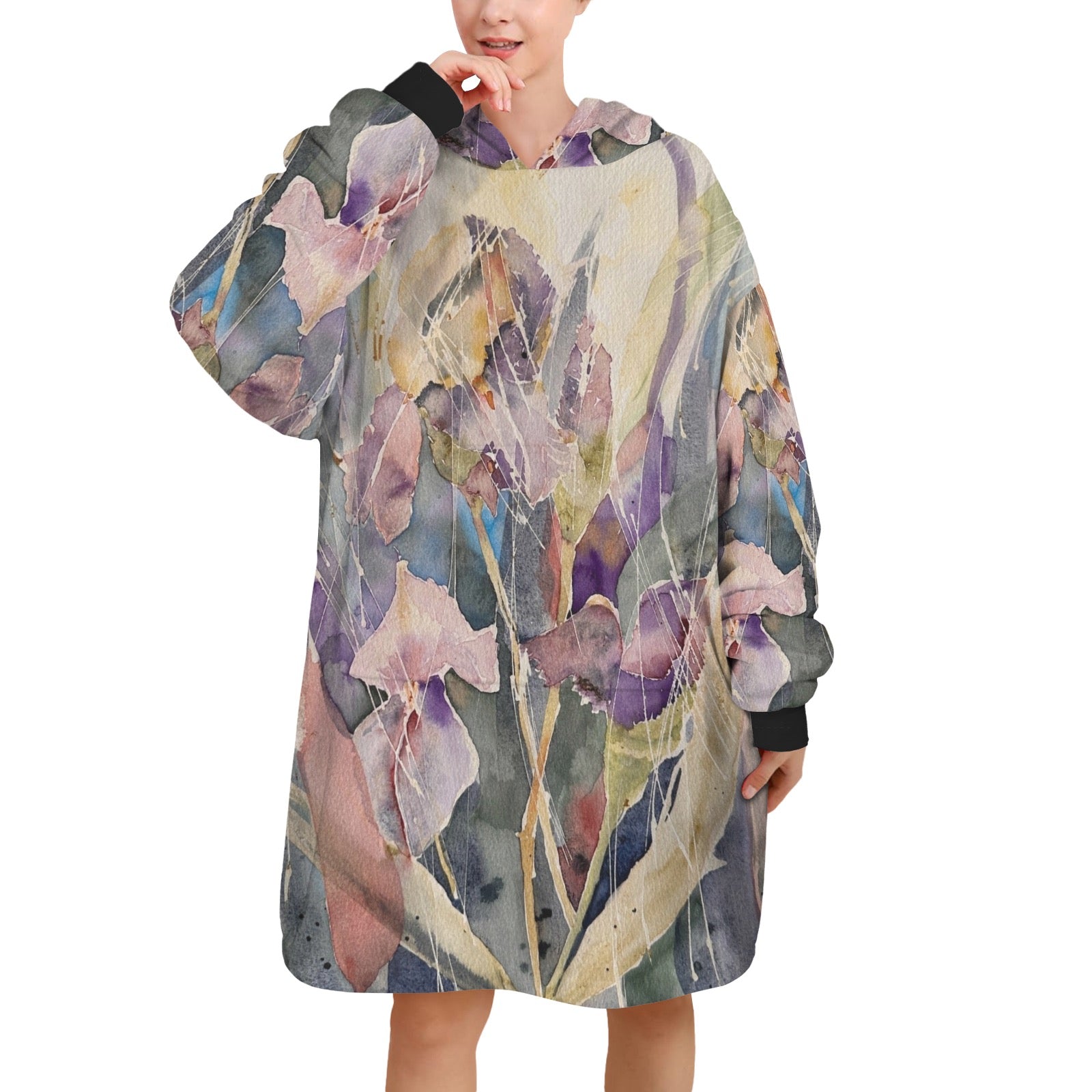 Woman wearing Winter Iris Blanket Hoodie with colorful floral design and lightweight polyester fleece material