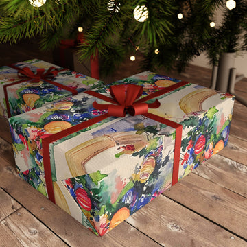 Christmas Wreath Custom Gift Wrapping Paper featuring original artwork by LanaArtSweden, high-quality satin finish paper.