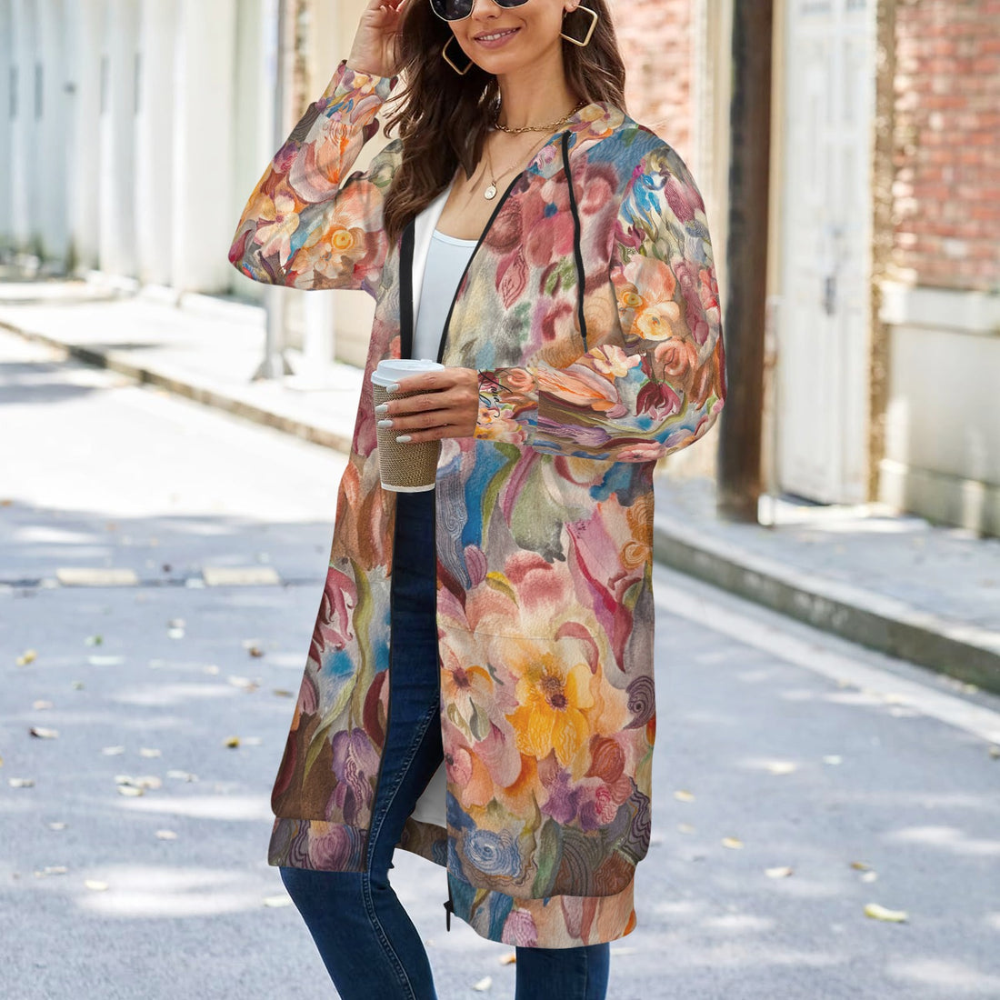 Floral Firelight Women's Long Hooded Coat