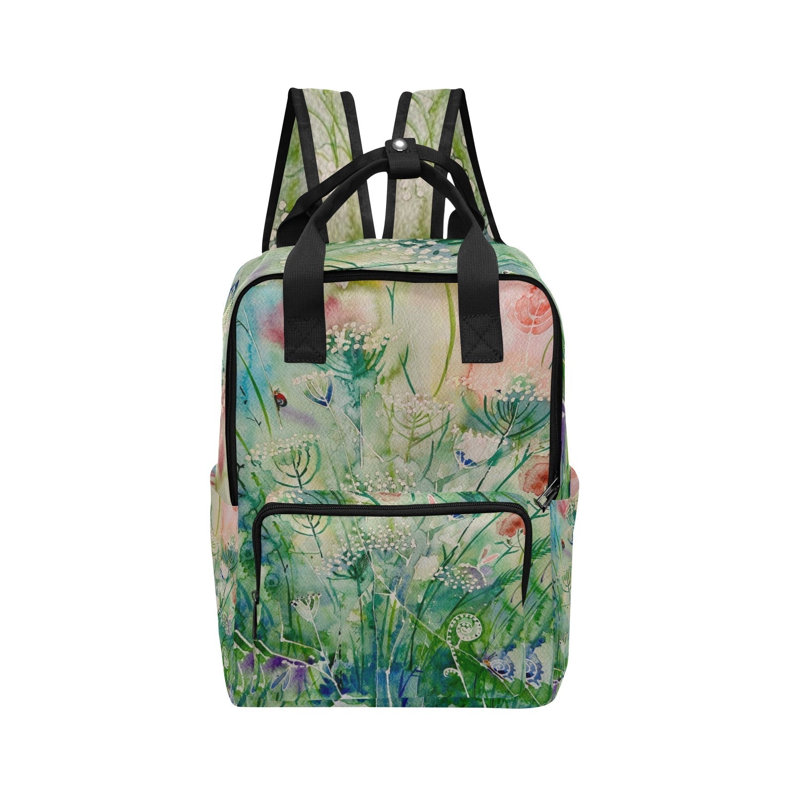 Summer Bug Twin Handle backpack with floral nature print, twin top handles, adjustable padded straps, front pocket, and side mesh pockets.