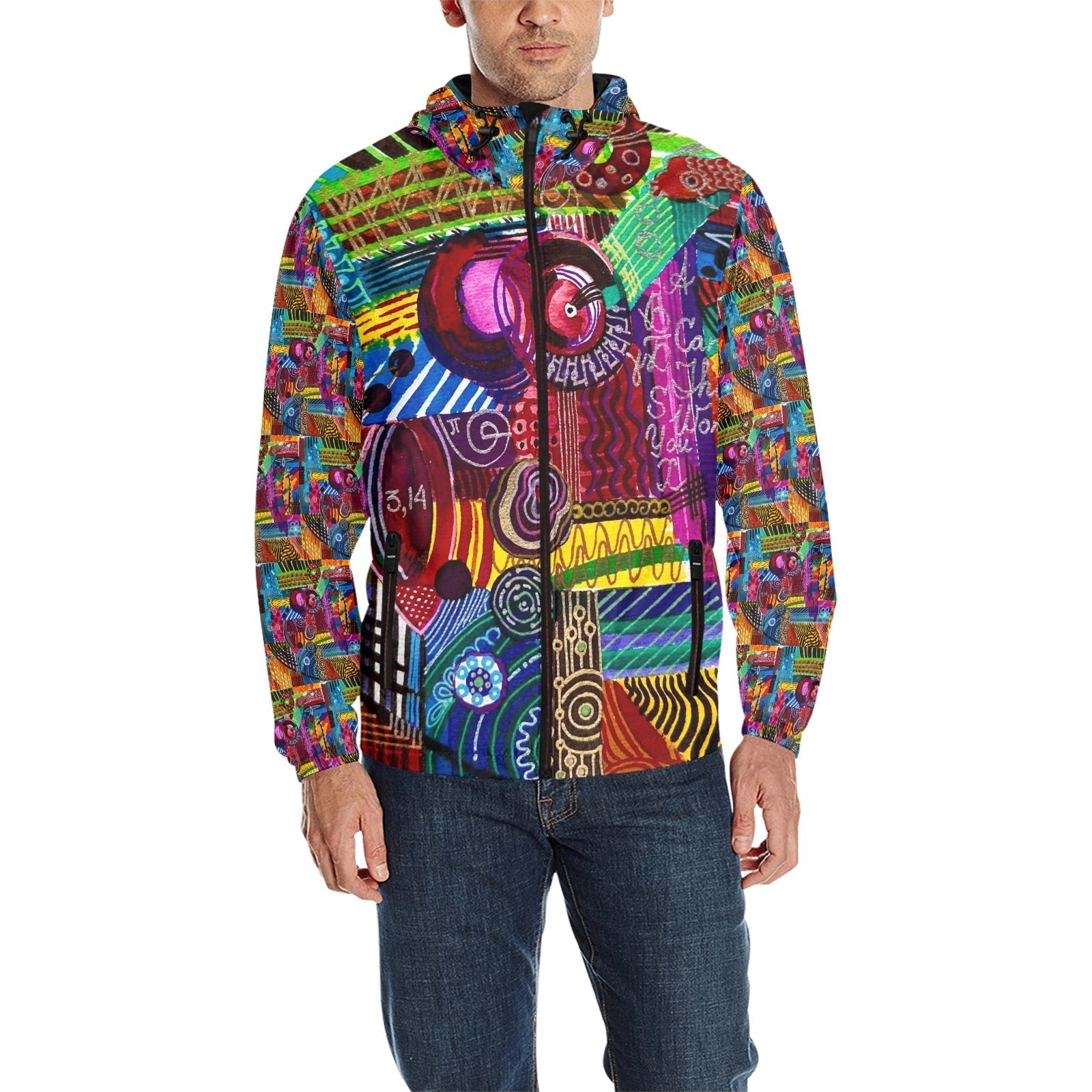 Sigma Alfa Quilted unisex windbreaker with vibrant abstract art print, adjustable hood, elastic cuffs, zipper closure, and pouch pockets, made from lightweight polyester for breathability and comfort.