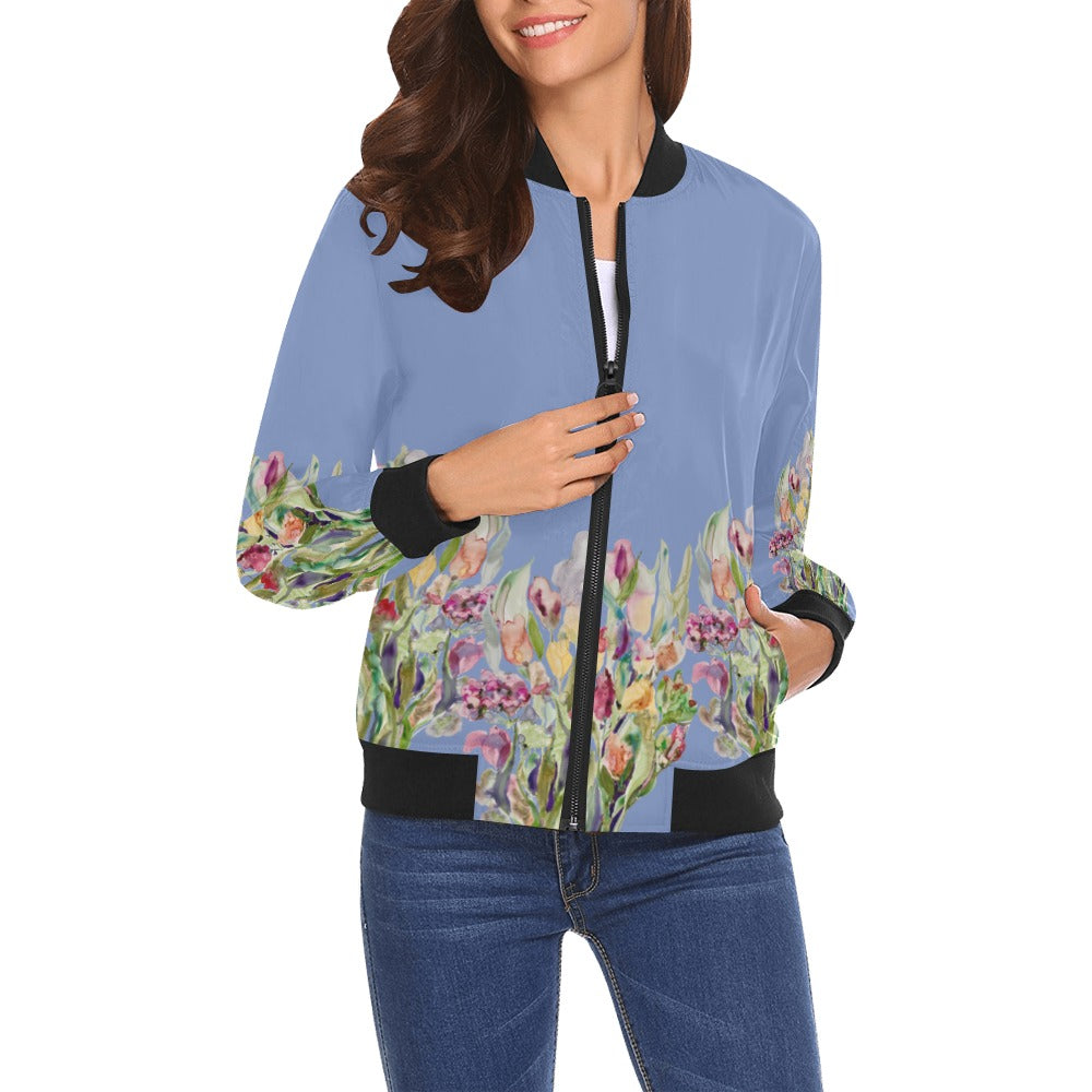 Women’s Rusty Life Bomber Jacket with city-inspired floral artwork and ribbed collar, cuffs, and hem