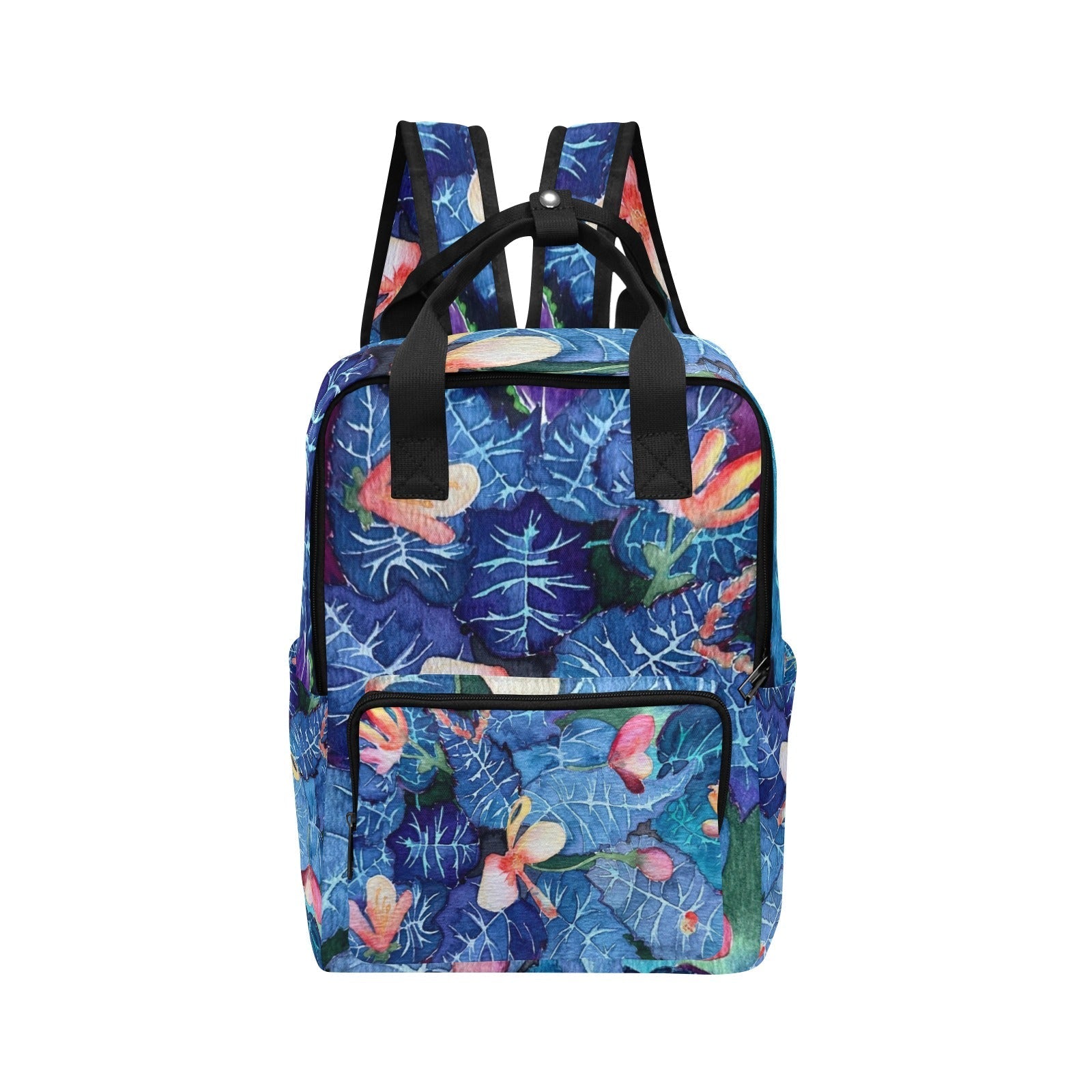 Blue Thorns Twin Handle Backpack with floral and leaf print, twin handles, adjustable padded straps, and multiple pockets