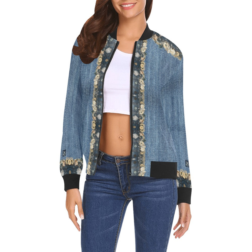 Rusty Life Bomber Jacket for women with blue denim look and floral accents, ribbed black collar and cuffs, styled with white cropped top and jeans