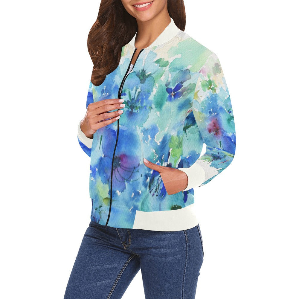 Blaue Bomberjacke mit Hibiskus-Allover-Print für Damen