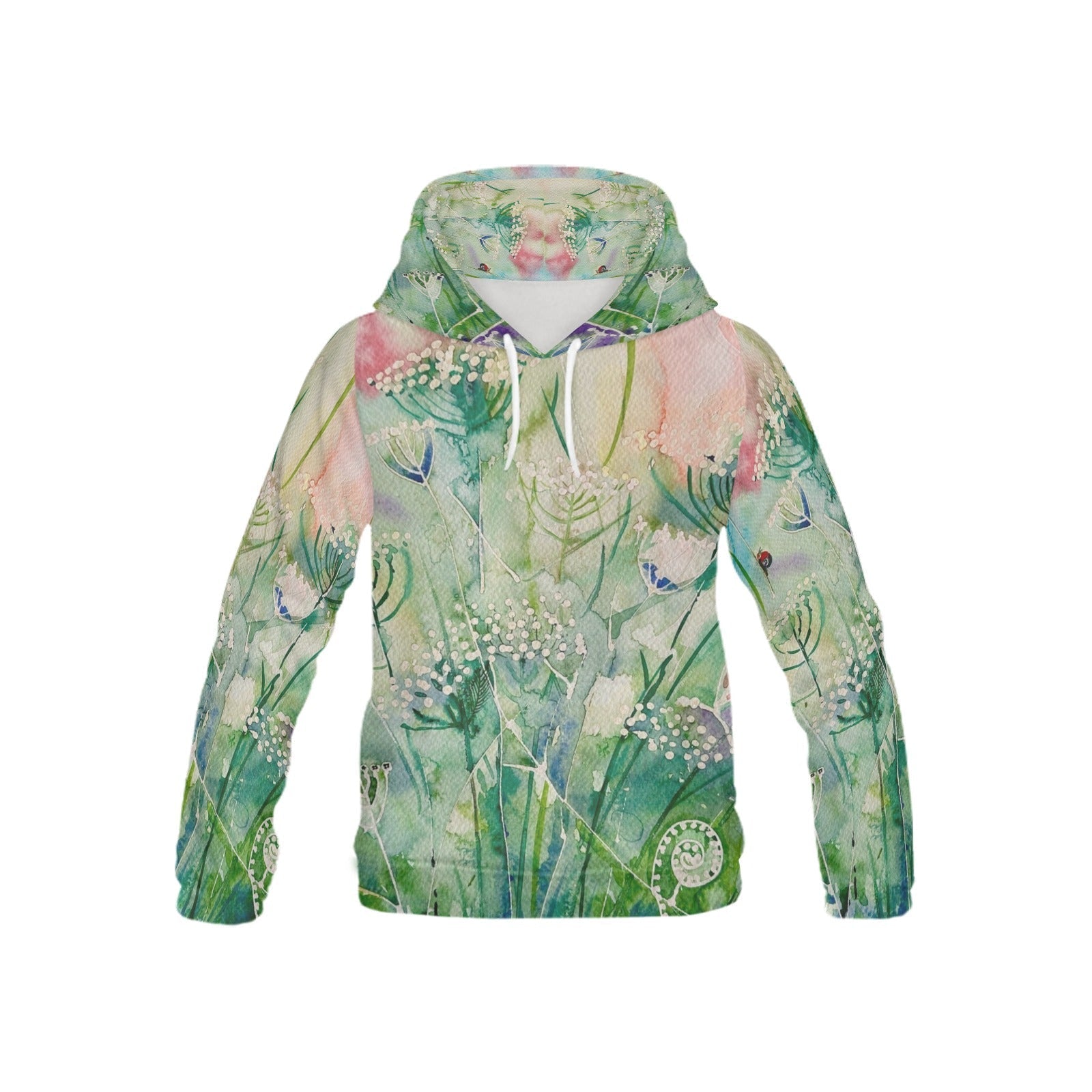 Kids Springs Bug Hoodie with nature-inspired floral and bug design, soft polyester and spandex fabric, kangaroo pocket and comfortable fit.