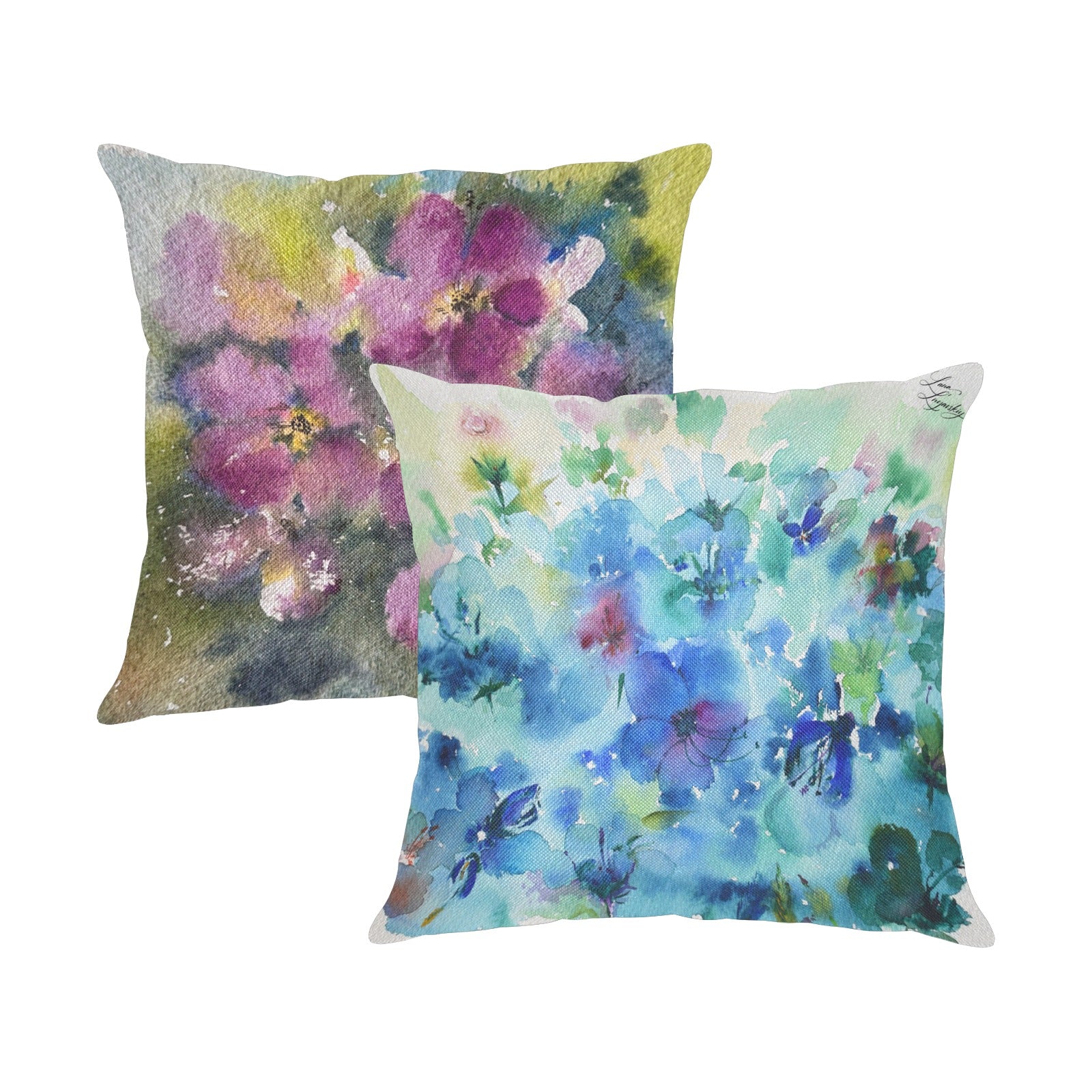 Purple Lawn and Blue Hibiscus Linen Zippered Pillowcase 18"x18", Pack of 2