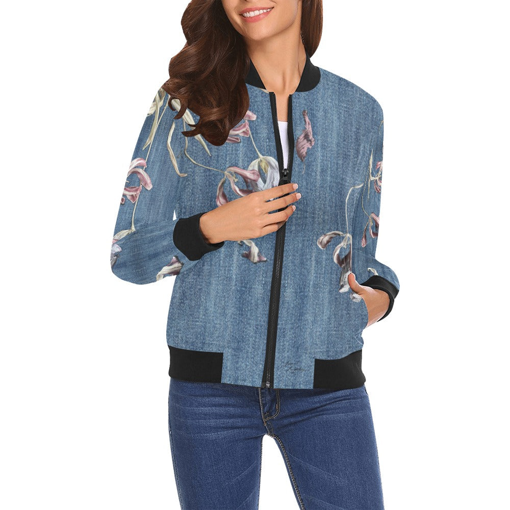 Women's denim bomber jacket with floral design, ribbed collar, cuffs, elastic hem, and zipper front, styled casually with jeans