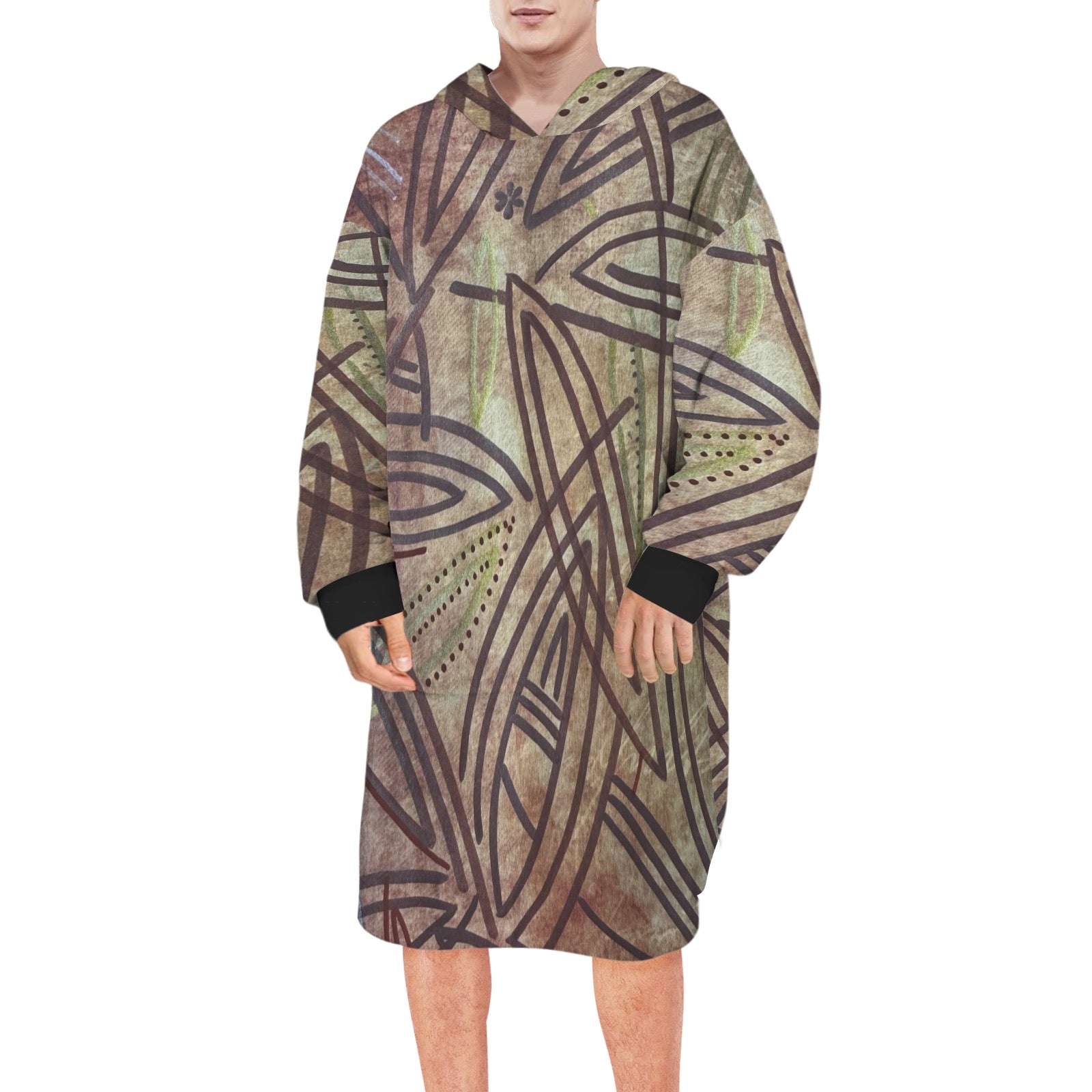 Cozy men's warm robe blanket hoodie with abstract pattern and black cuffs