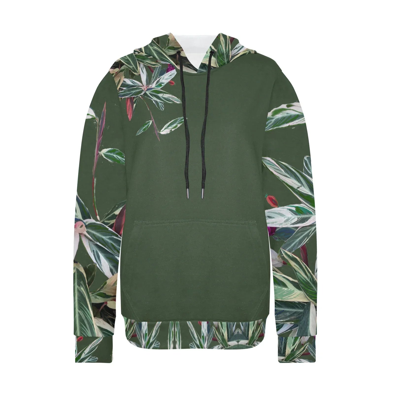 Grüne Blätter Damen Fleece Hoodie mit weißem Futter Kapuze