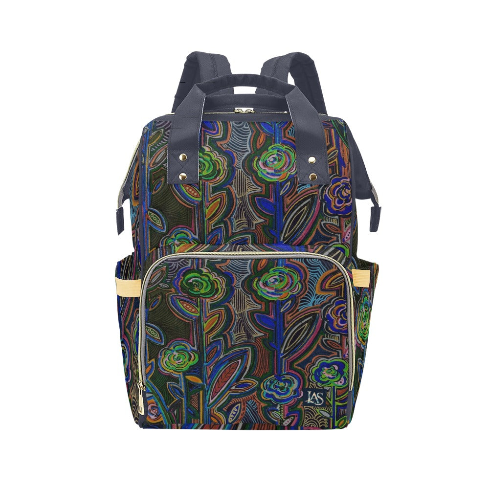 Fabled Flowers Crown multifunction travel backpack with vibrant floral artwork and insulated bottle holders