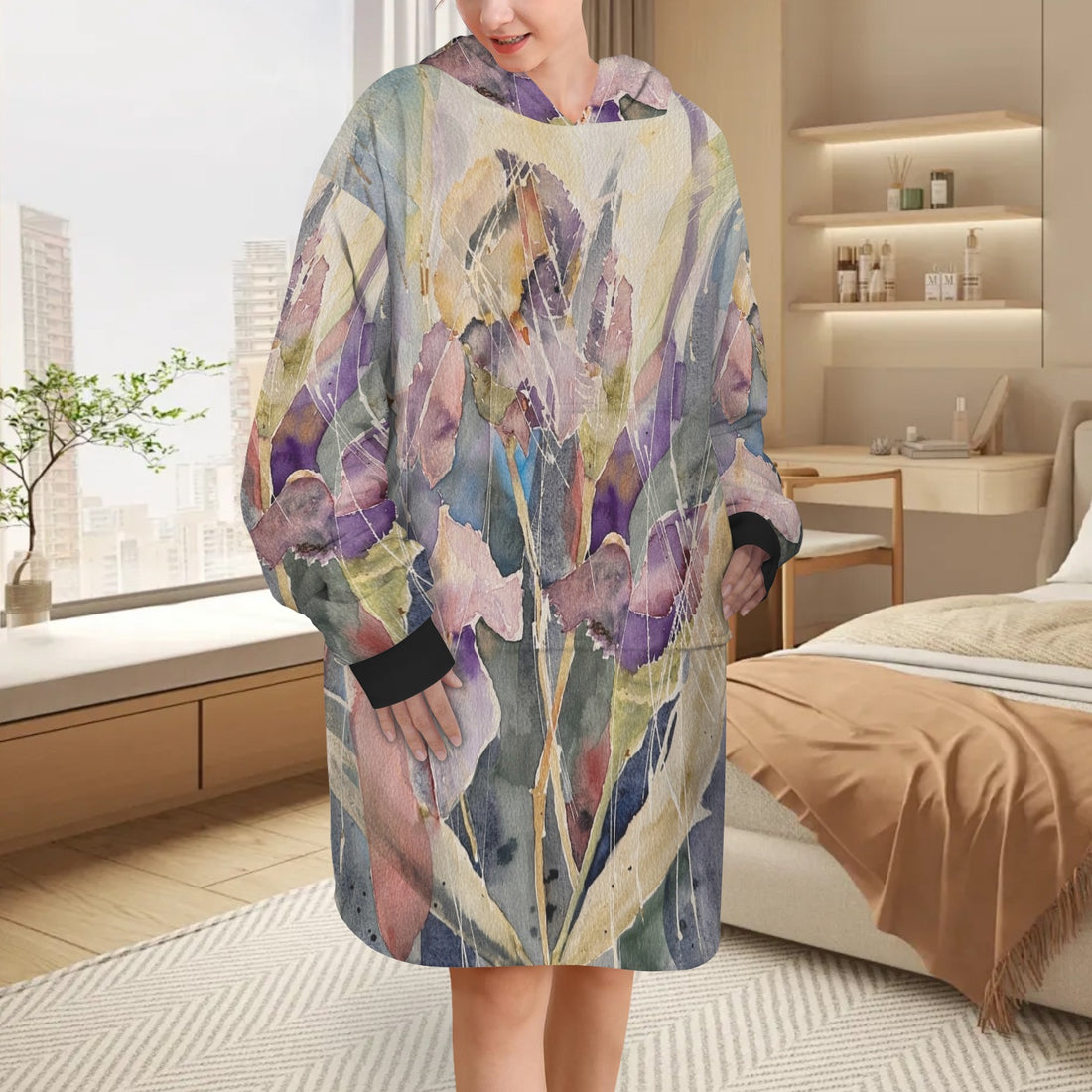 Winter Iris Blanket Hoodie for Women (Model H67)