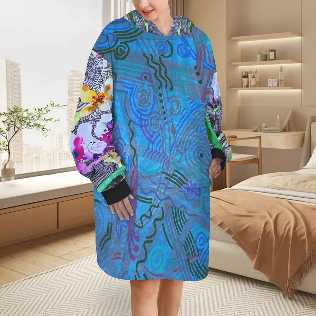 Blue Ice with Lined Tulips Blanket Hoodie for Women by LanaArtSweden, featuring lightweight fleece material and artistic tulip design.