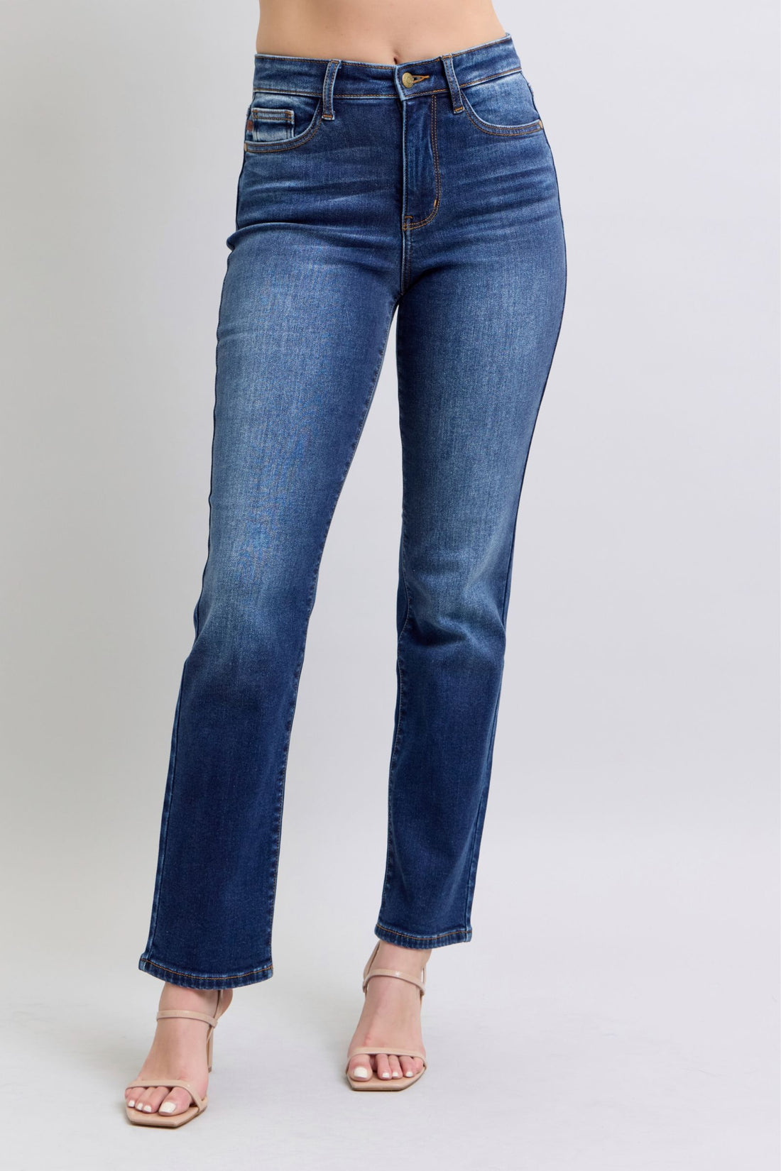 Judy Blue full size washed straight leg jeans with pockets in dark blue denim