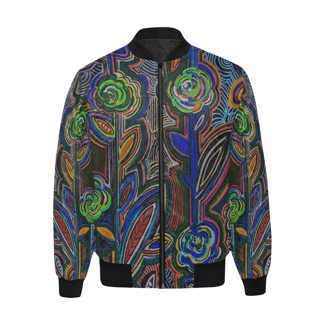 Fabled Flora Warm Women's Bomber Jacket with vibrant floral artwork and warm design against blue floral background
