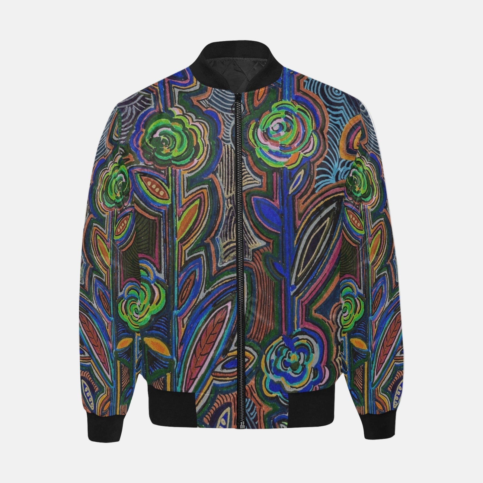 Fabled Flora Warm Women's Bomber Jacket with vibrant floral art pattern and cozy fit