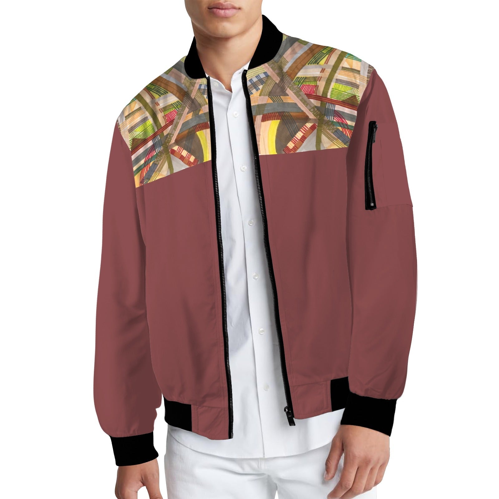 Brown Labyrinth Top Bomber Jacket with abstract labyrinth pattern on shoulders, ribbed collar, cuffs, and hem, and zippered arm pocket