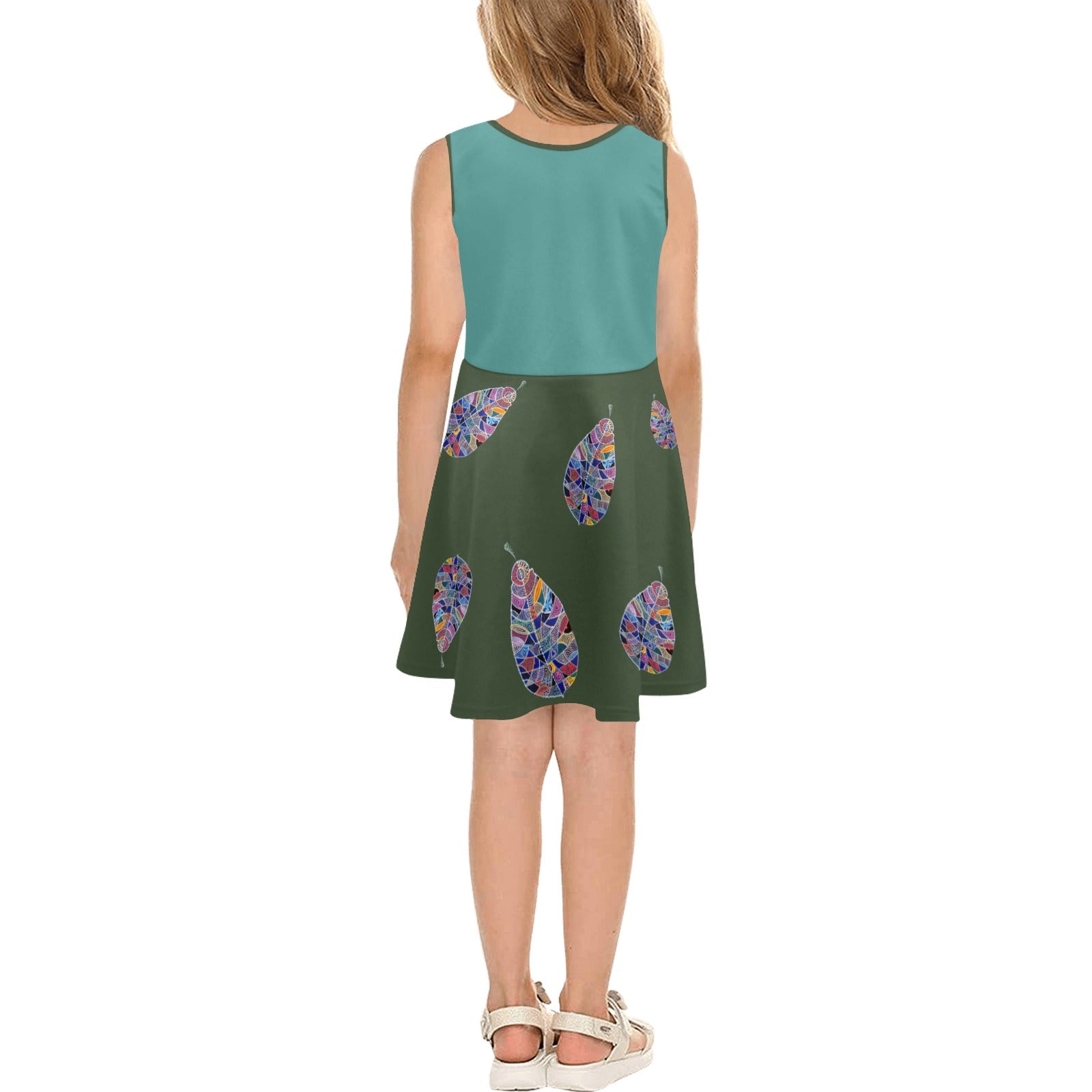 Fantasy Leaf Teal Green Girls' Sleeveless Sundress