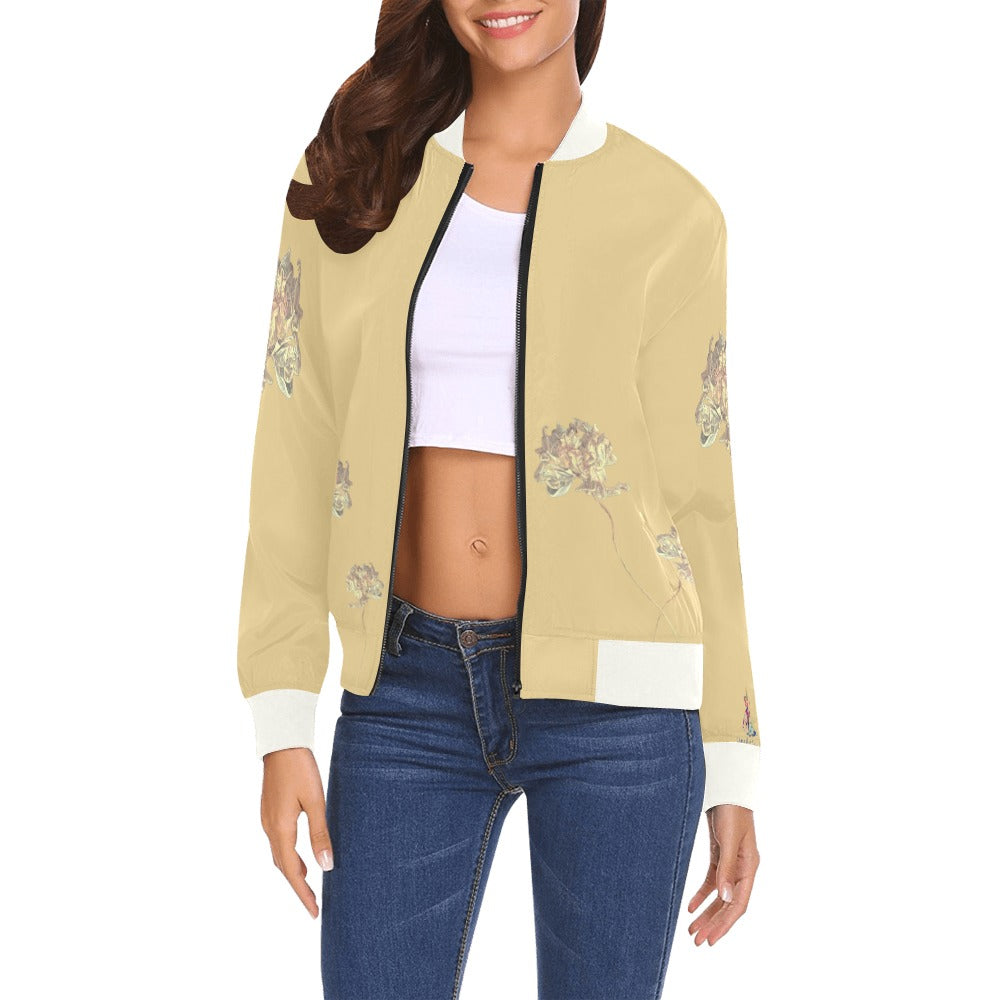 Woman wearing Shaggy Tulip Lemon Drop bomber jacket with floral design, ribbed collar, cuffs, and hem, styled with white crop top and blue jeans.