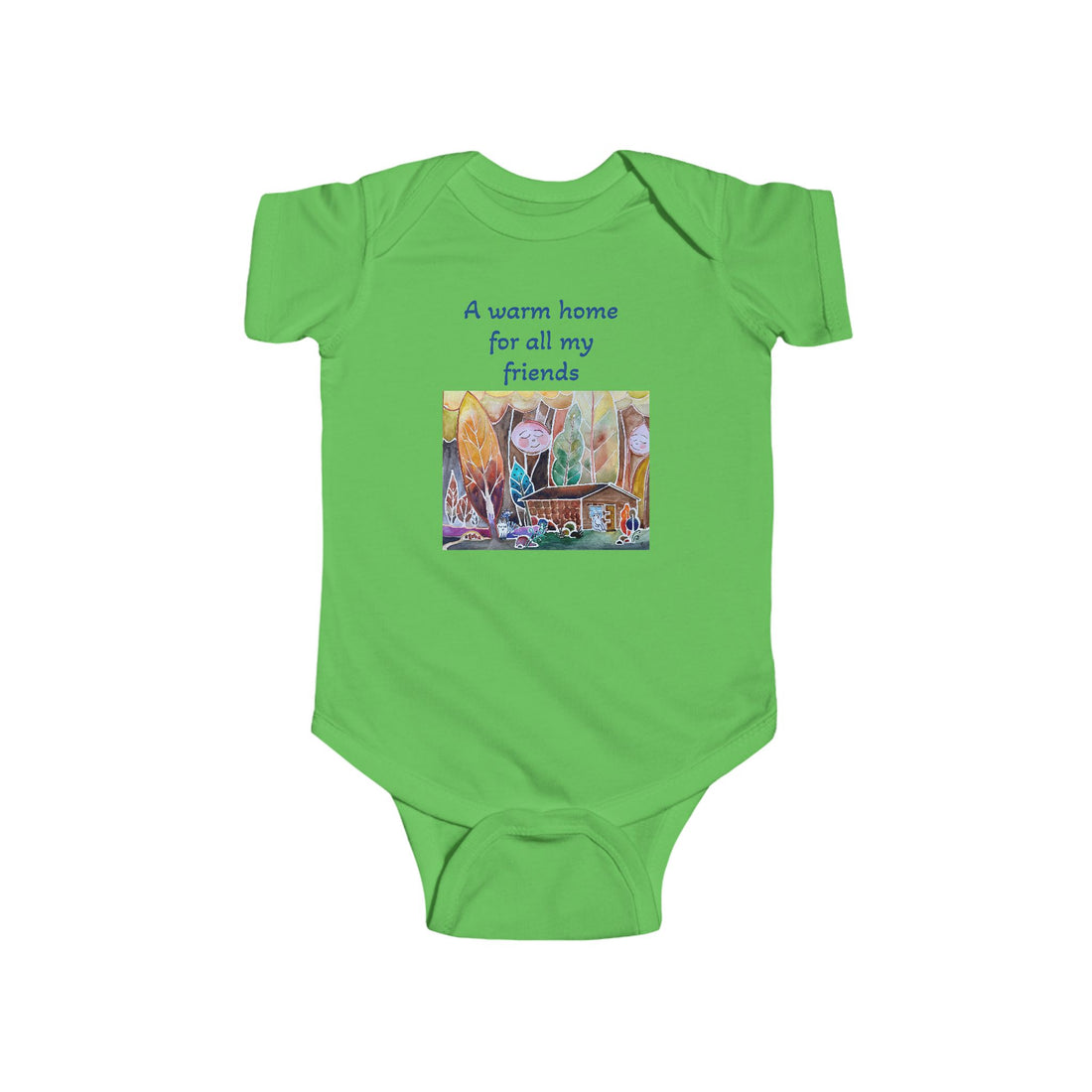 Organic Cotton Baby Onesie 'A Home for All My Friends' by LanaArtSweden, featuring a cozy design, soft fabric, and durable construction for infants.