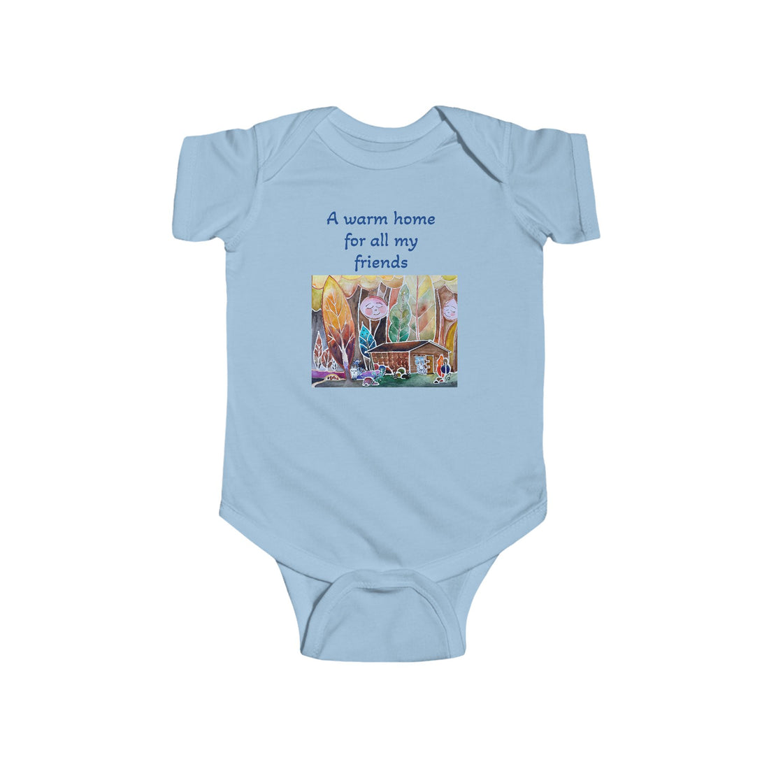 Organic Cotton Baby Onesie 'A Home for All My Friends' by LanaArtSweden, featuring a cozy design, soft fabric, and durable construction for infants.