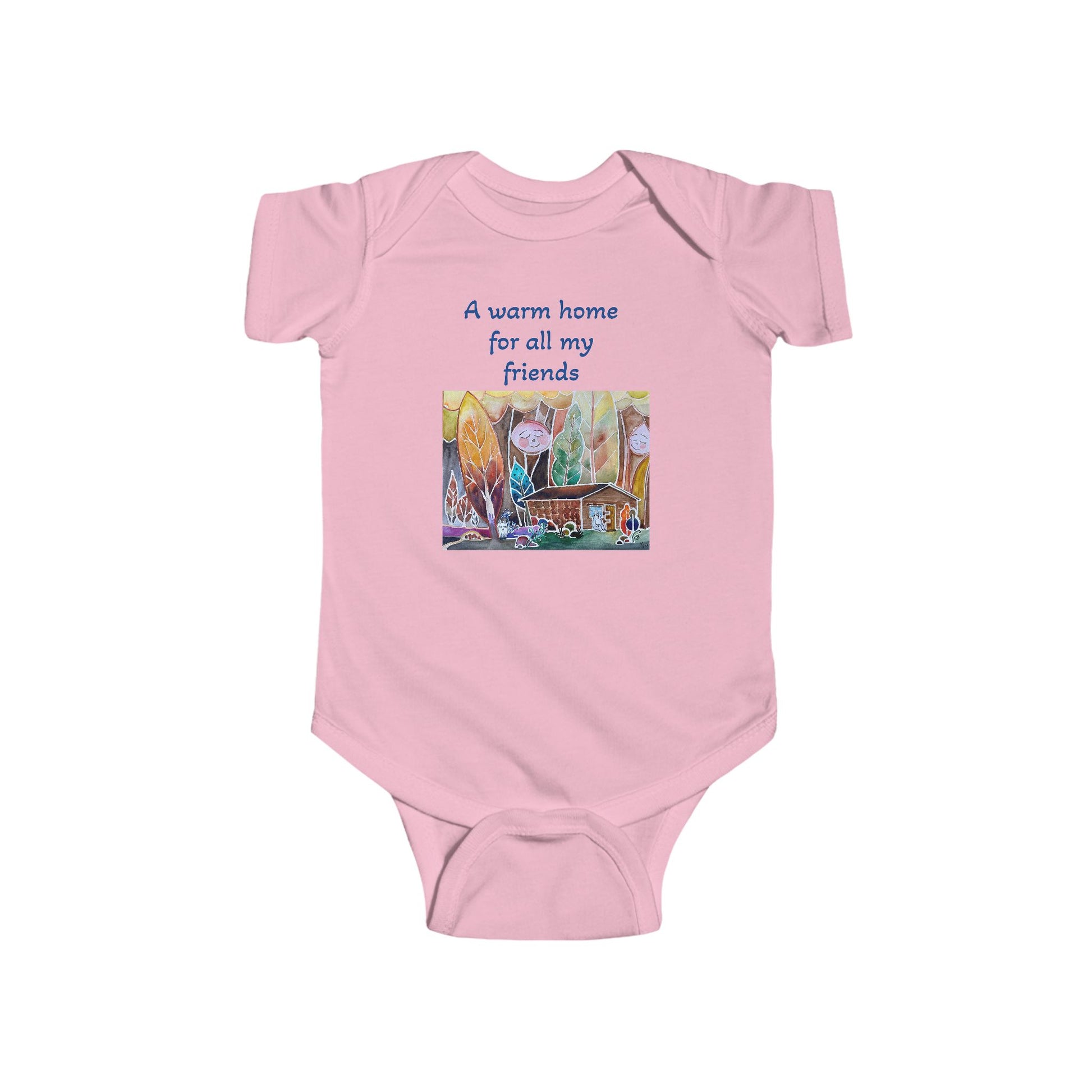 Organic Cotton Baby Onesie 'A Home for All My Friends' by LanaArtSweden, featuring a cozy design, soft fabric, and durable construction for infants.