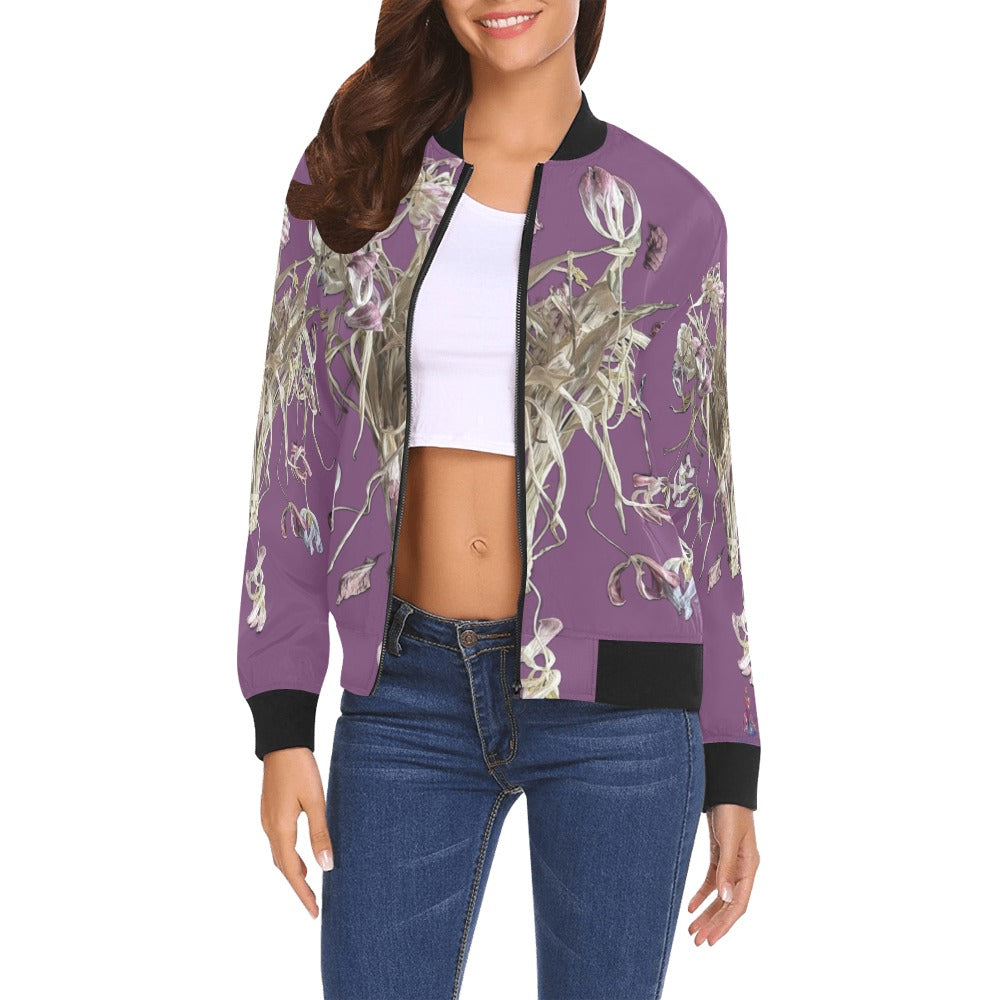 Woman wearing an Iris Field Intense Lavender City Bomber Jacket with floral design and black ribbed collar and cuffs