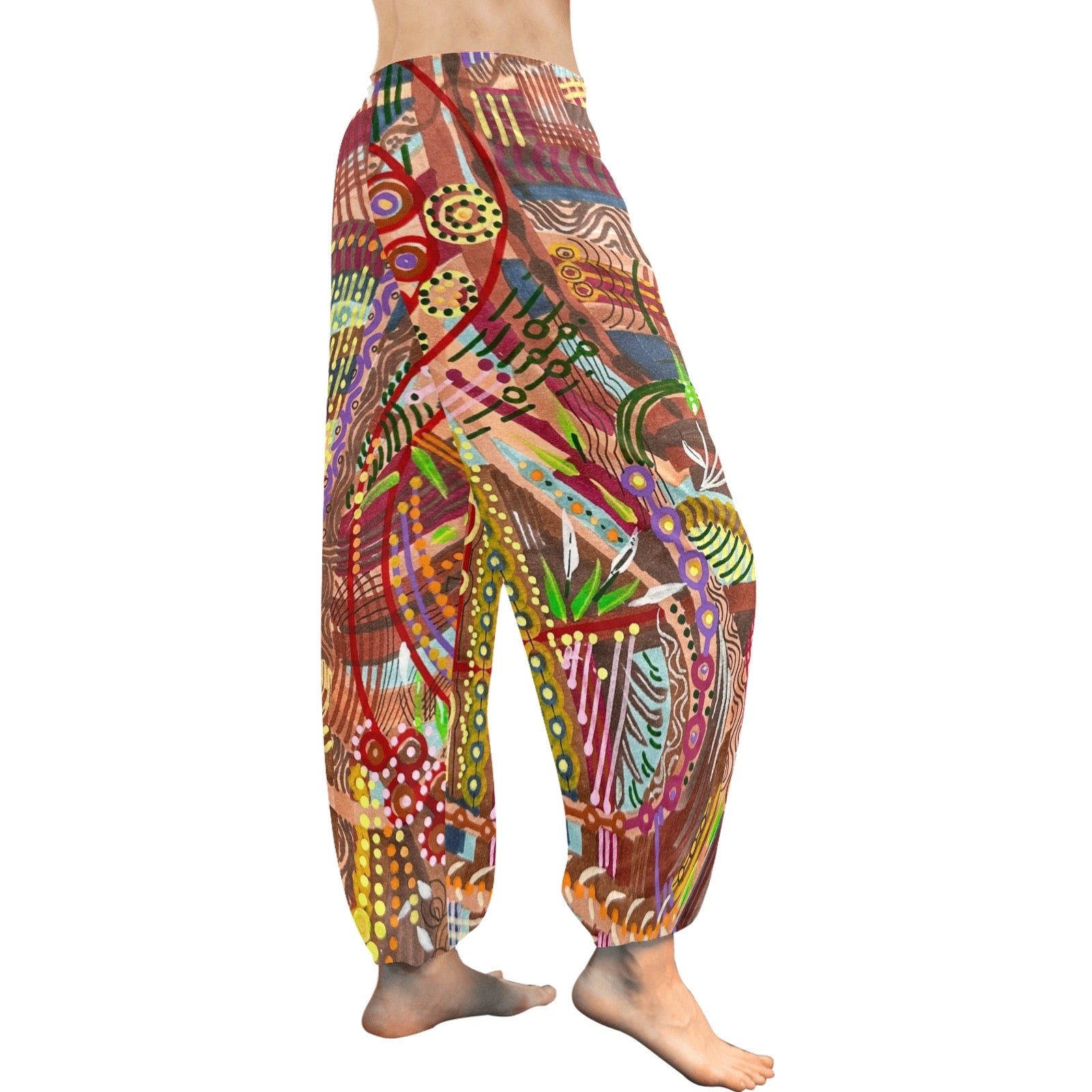 Brown Kaleidoskop Women’s Harem Style Pants by LanaArtSweden featuring lightweight chiffon material and relaxed drawstring design.