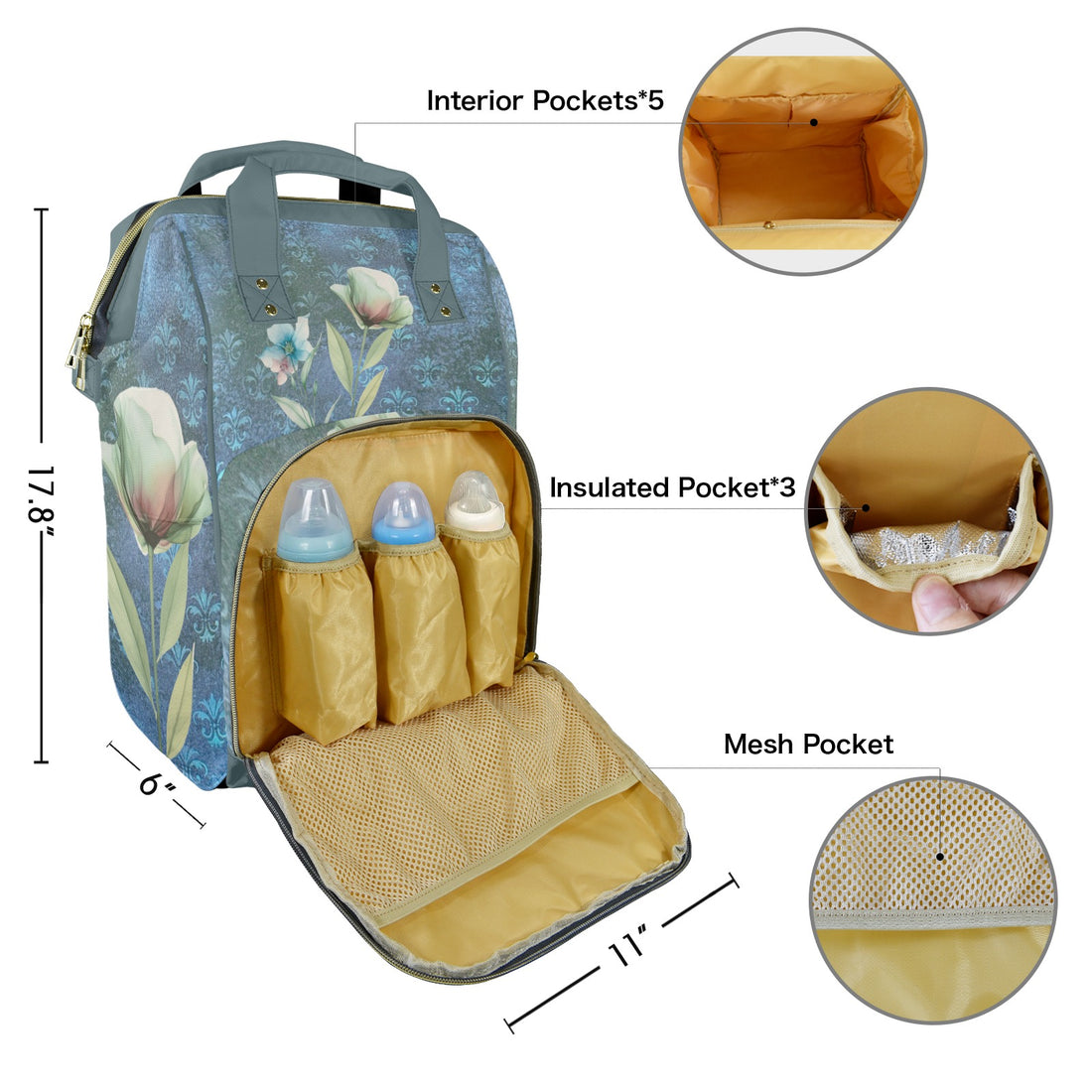 Damascus Blue Flowers Multi-Function Travel Diaper Bag-Large