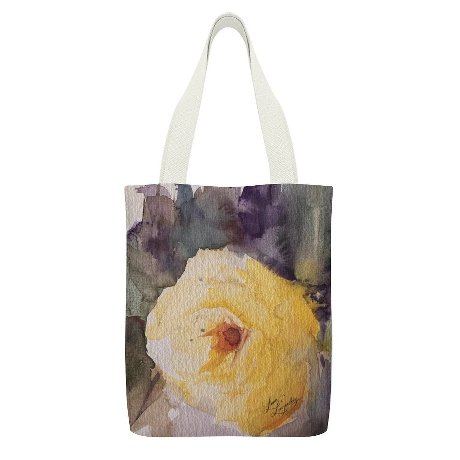 Canvas tote bag with one-sided watercolor yellow flower print and off-white handles, eco-friendly and reusable.