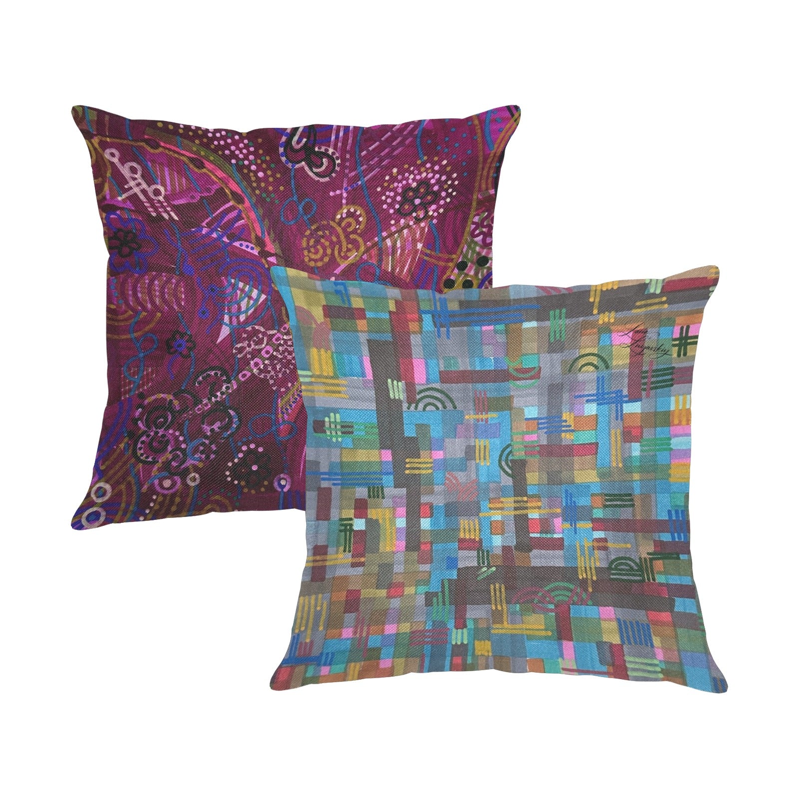 Purple Swirls and Fancy Checkers Linen Zippered Pillowcase 18"x18"(Pack of 2)