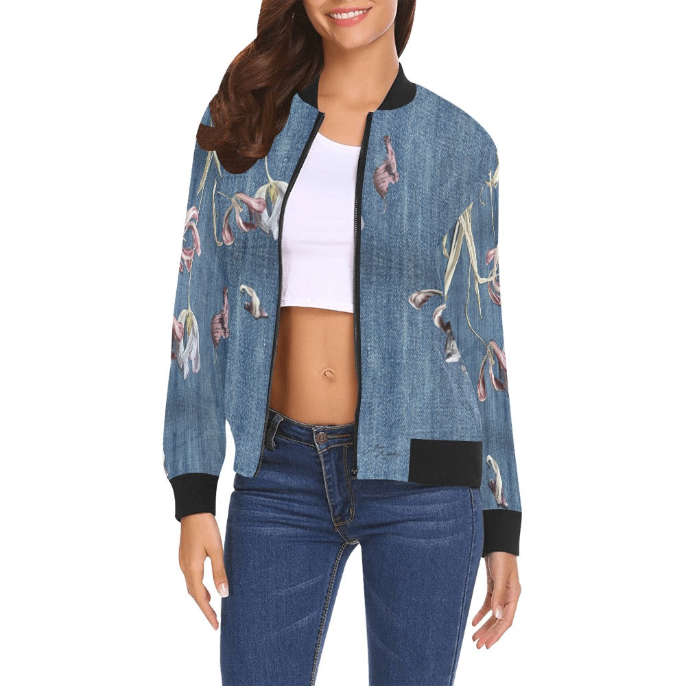 Women's denim bomber jacket with floral artwork, ribbed collar and cuffs, zip-up front, casual style