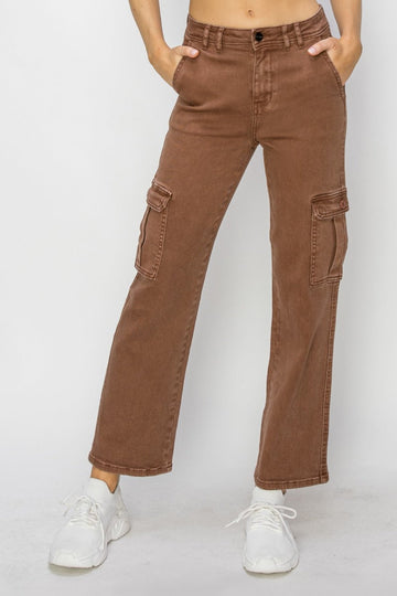 Risen Full Size high-rise brown cargo jeans with side pockets and straight legs worn with white sneakers
