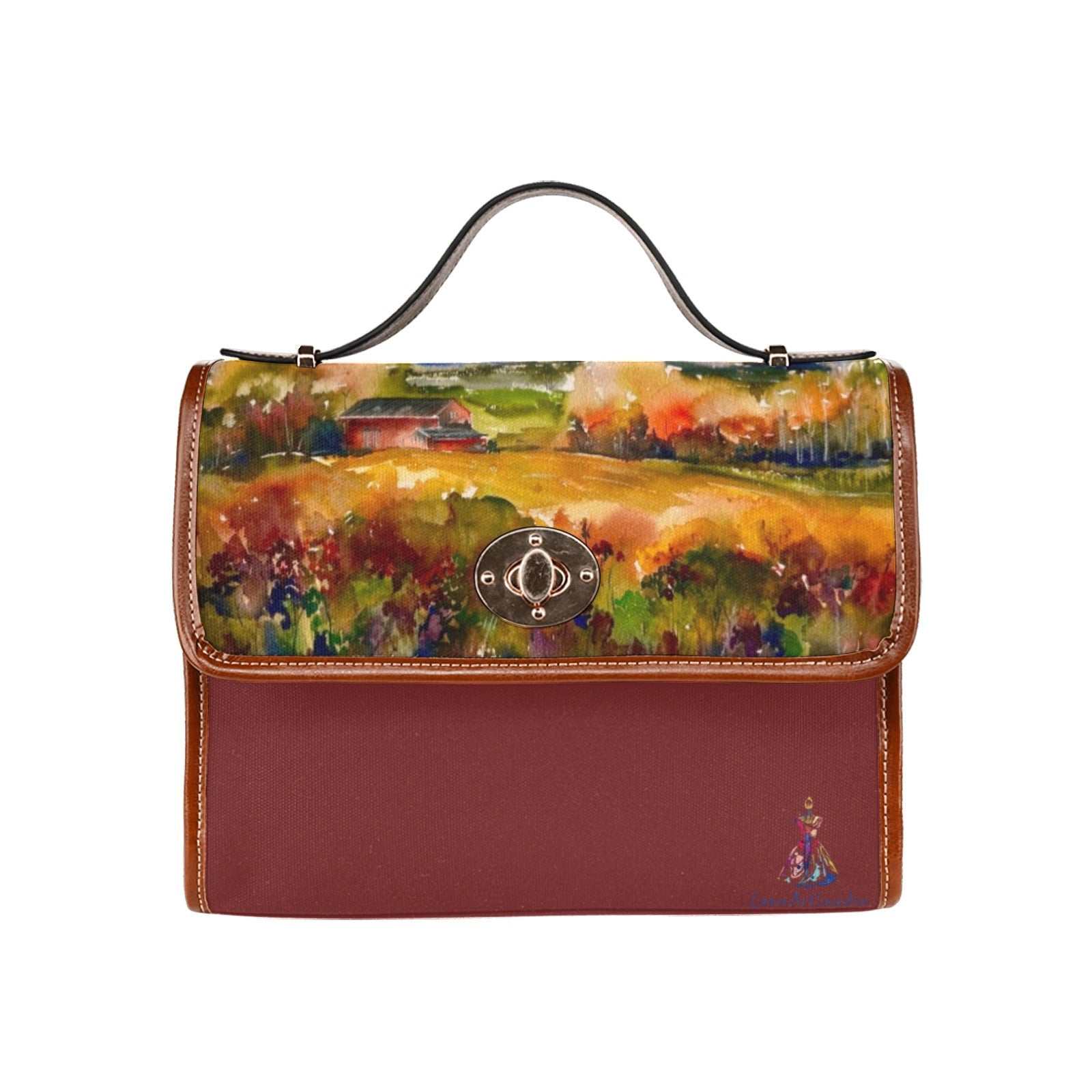 Countryside waterproof shoulder strap canvas bag with scenic landscape artwork and leather trim