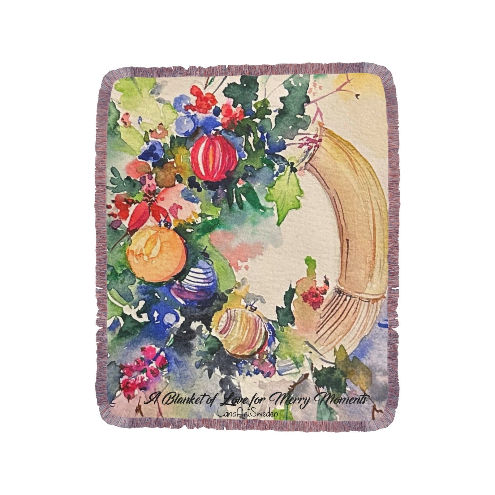 Ultra-soft fringe blanket with colorful holiday wreath and ornaments design by LanaArtSweden, 50x60 inches
