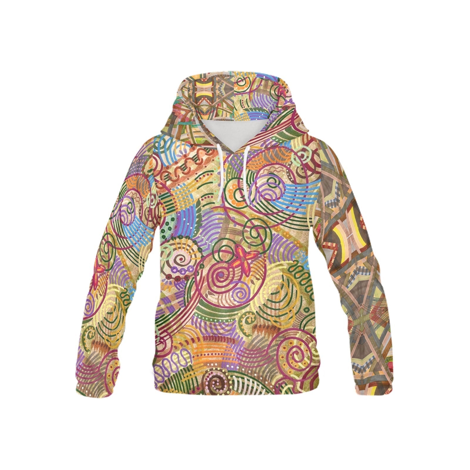 Colorful all over print hoodie for kids with abstract swirl and geometric patterns, cozy and stylish design.