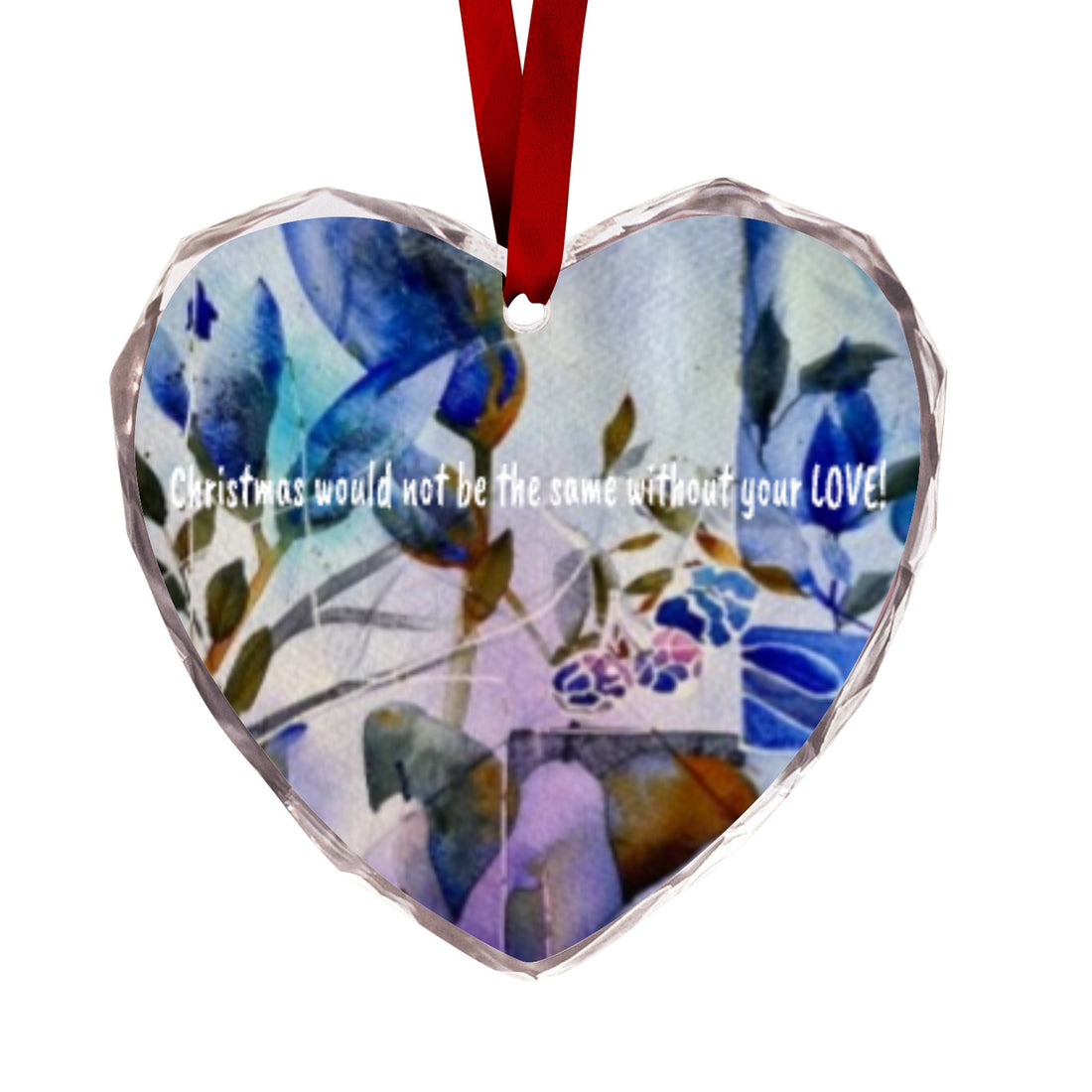 Heart-shaped crystal glass Christmas ornament by LanaArtSweden, featuring a blue festive design, customizable options, and rope for hanging.