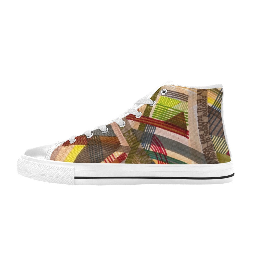 Narutology Lines white men's high top canvas shoe with colorful abstract line design and lace-up closure