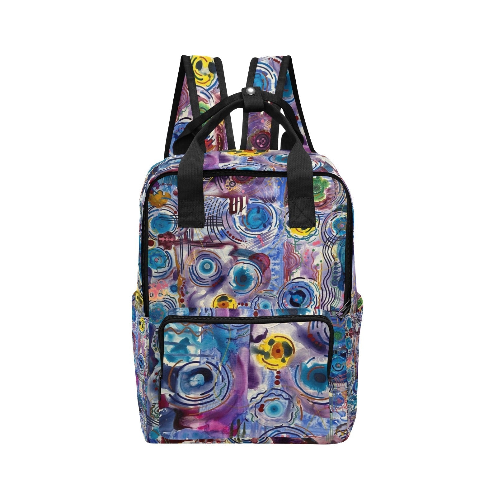Colorful Circles on Water design twin handle backpack with multiple pockets and adjustable padded straps