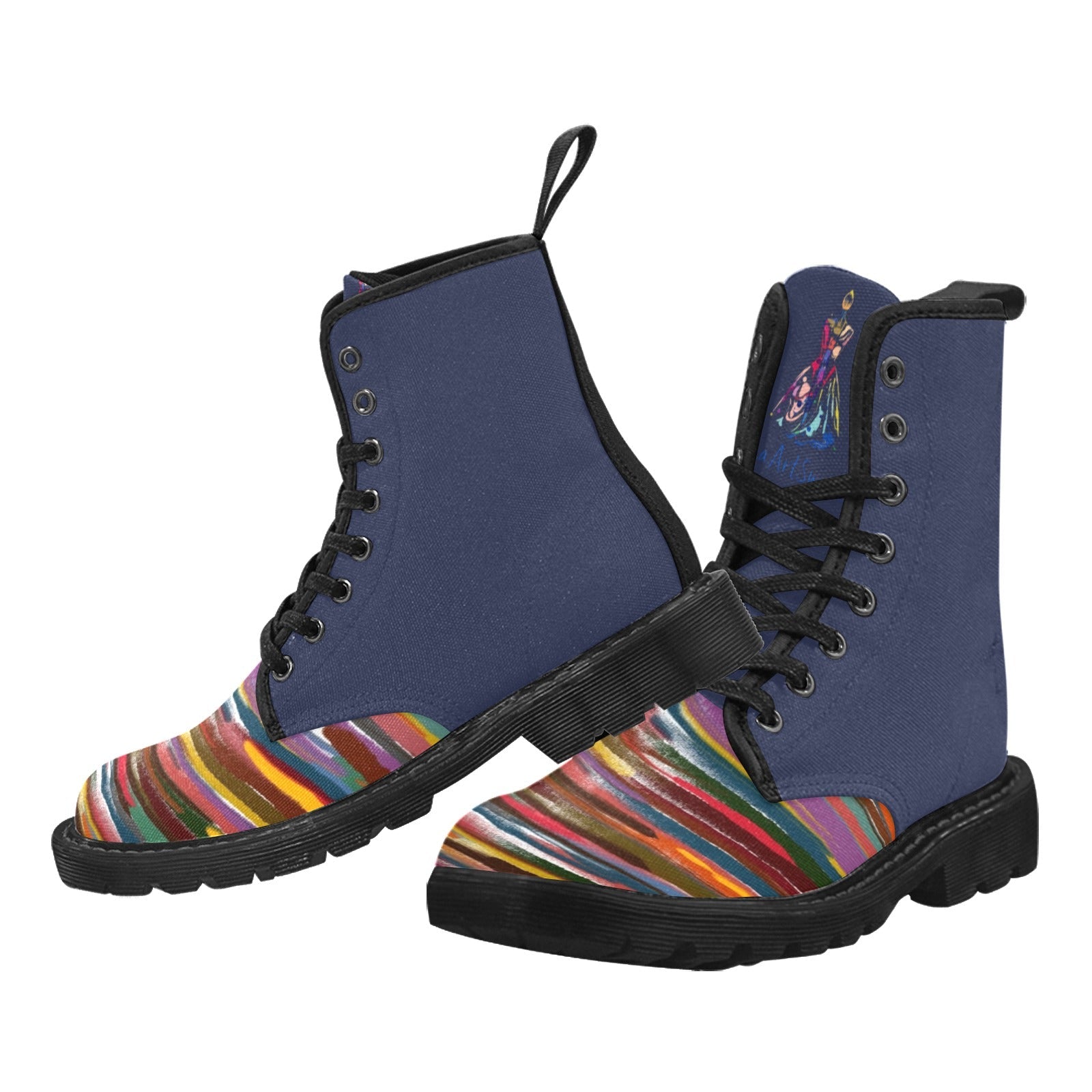 Power Stripes Deep Blue custom canvas women's lace-up boots with colorful striped toe, black rubber sole, and floral combat style