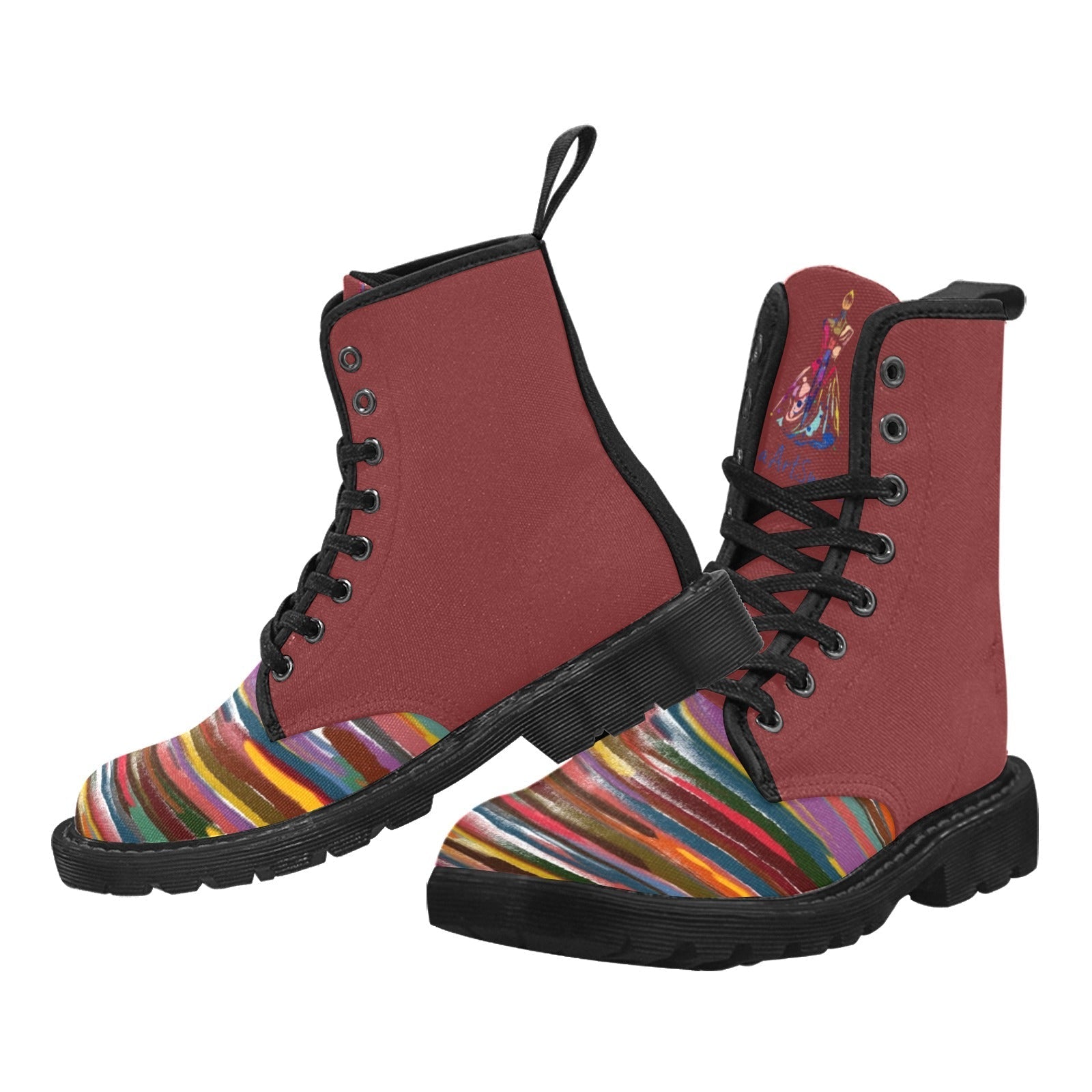 Power Stripes Burgundy women's lace-up canvas combat boots with colorful striped toe and black rubber sole