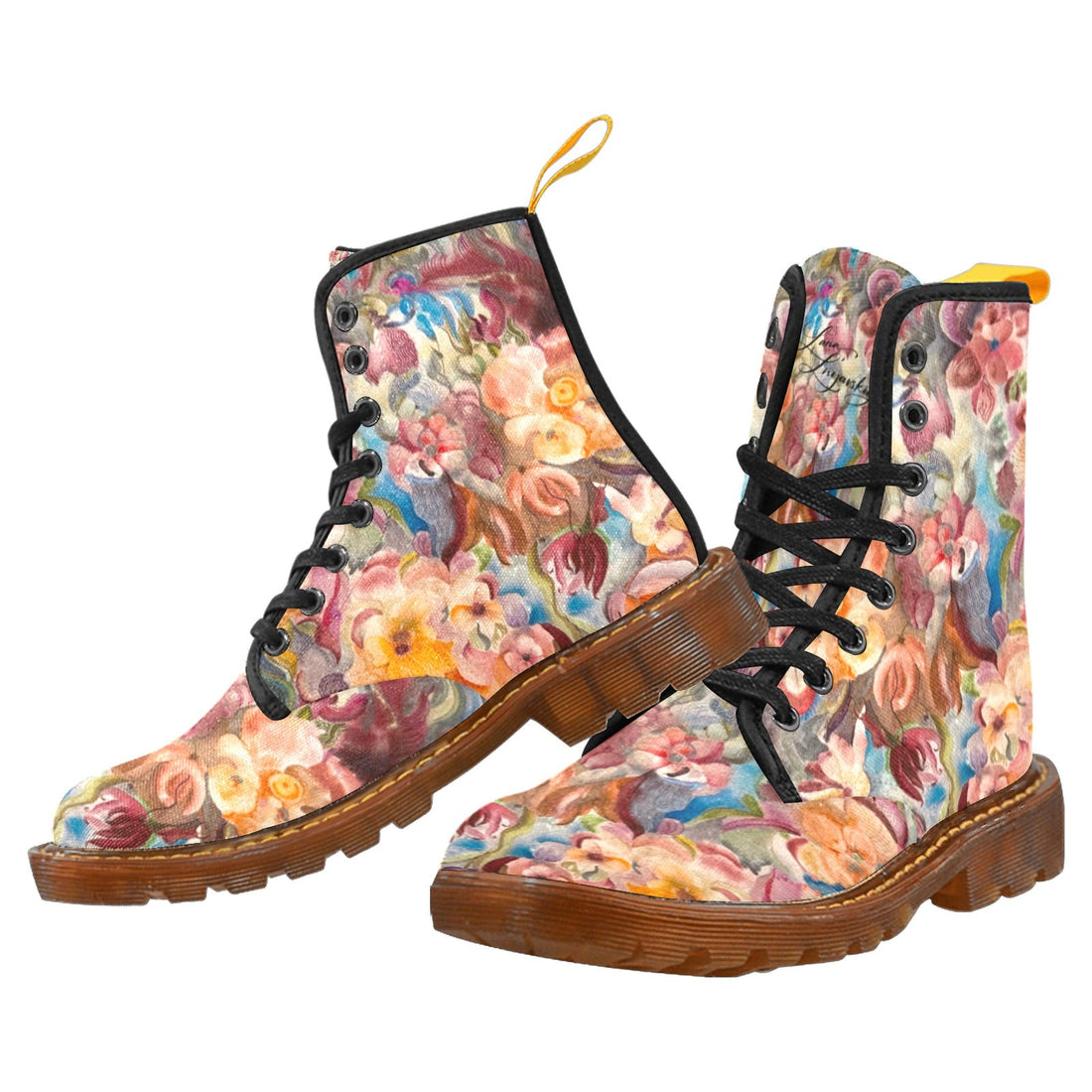 Floral Firelight custom women's canvas boots with floral print, lace-up design, translucent rubber sole, and ribbed midsole