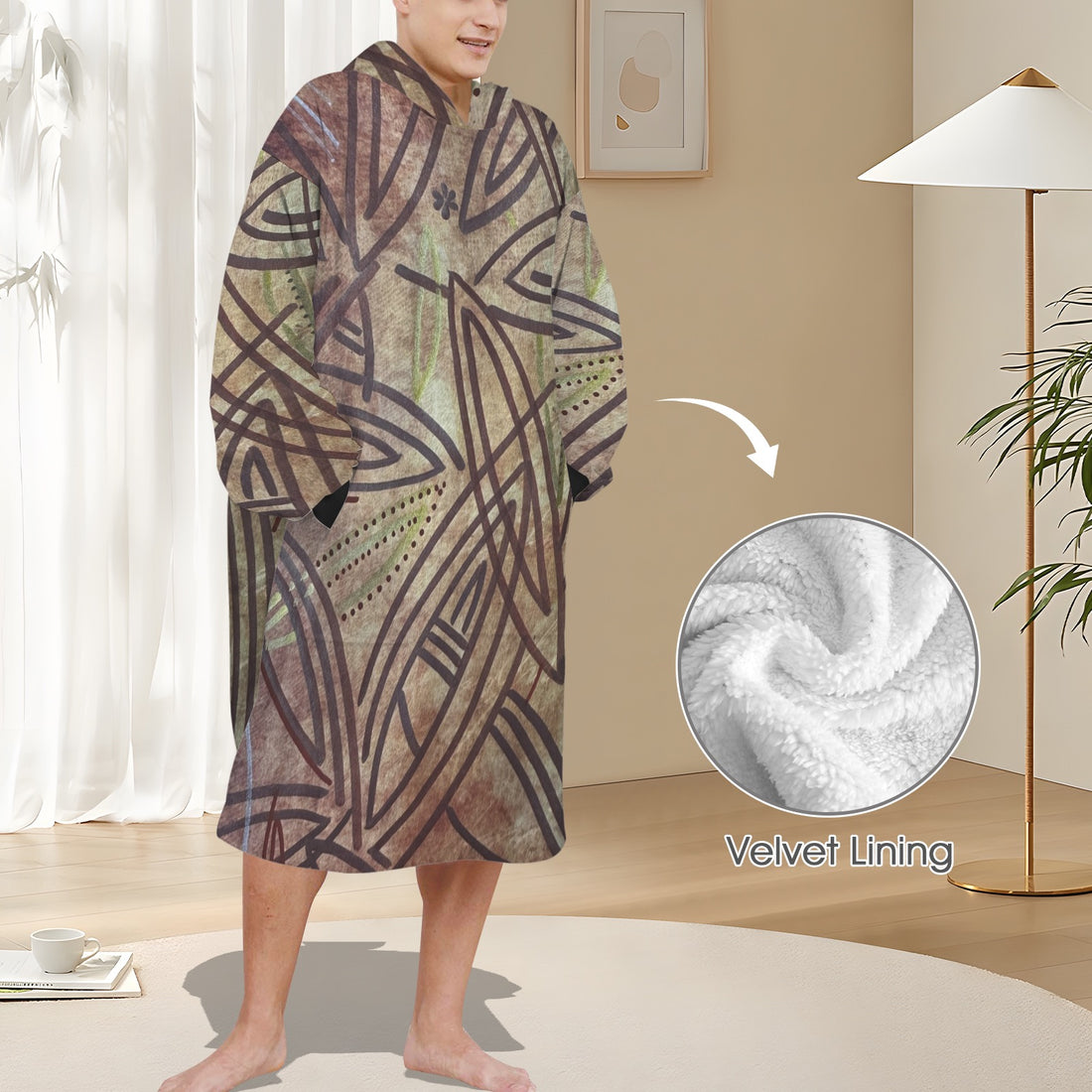 Cozy men's warm robe blanket hoodie made of high-quality fleece for all-year-round use.