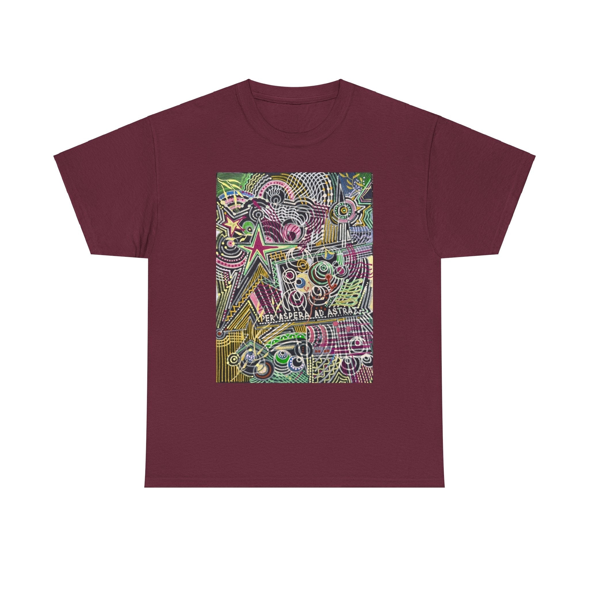 LanaArt Sweden unisex heavy cotton tee in maroon with vibrant abstract geometric design and "Per Aspera Ad Astra" text.
