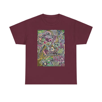 LanaArt Sweden unisex heavy cotton tee in maroon with vibrant abstract geometric design and "Per Aspera Ad Astra" text.
