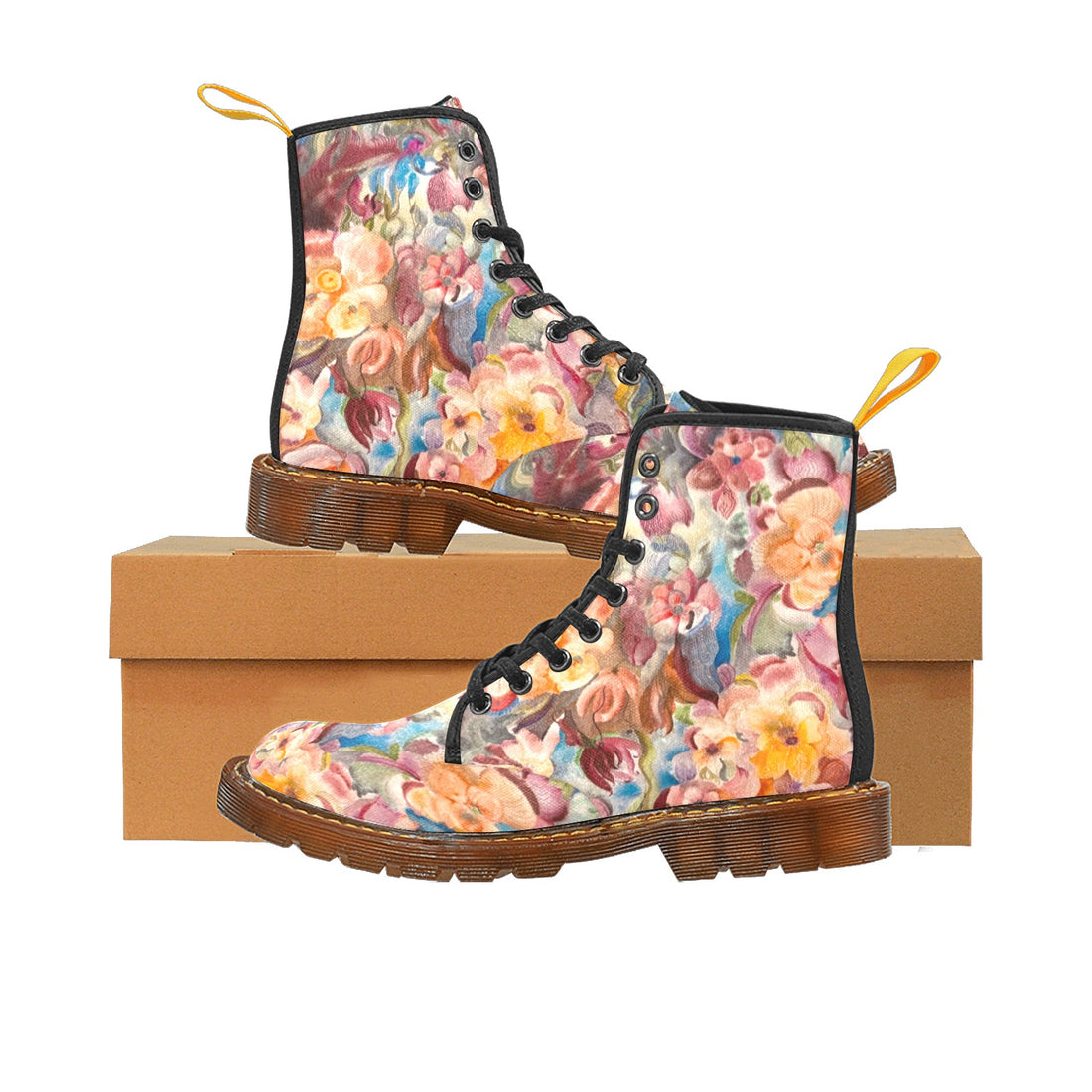 Floral Firelight custom women's canvas boots with floral print, lace-up design, translucent rubber sole, and ribbed midsole