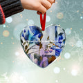 Heart-shaped crystal glass Christmas ornament by LanaArtSweden, featuring a blue festive design, customizable options, and rope for hanging.